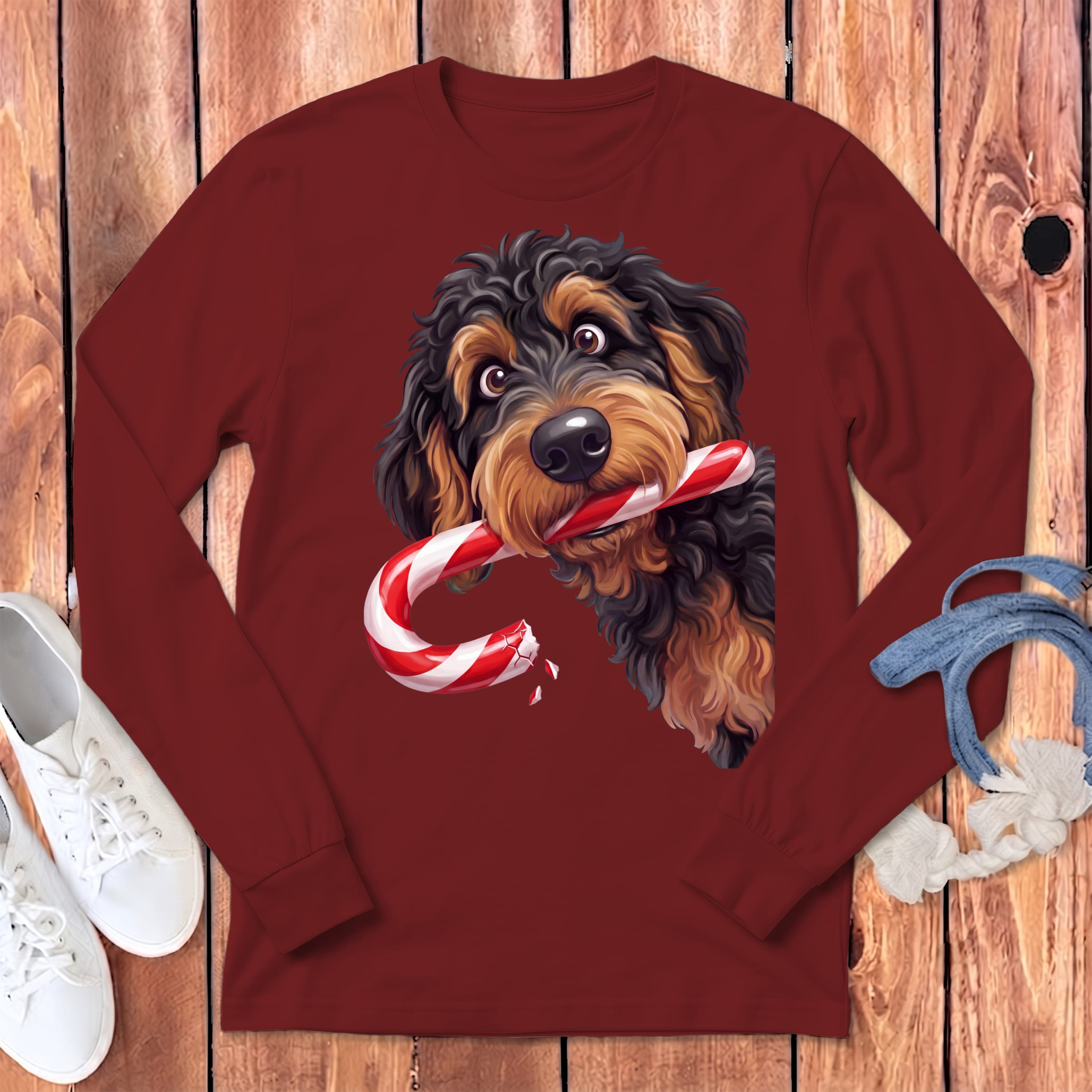Phantom Goldendoodle Candy Cane Thief Long Sleeve T-Shirt in Cardinal / S by Puppy Jo