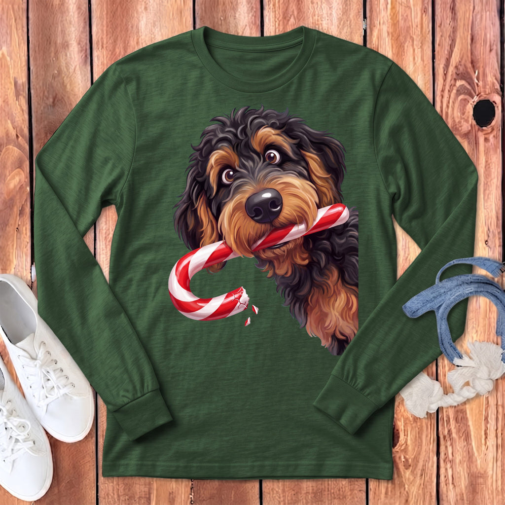 Phantom Goldendoodle Candy Cane Thief Long Sleeve T-Shirt in Heather Forest / S by Puppy Jo