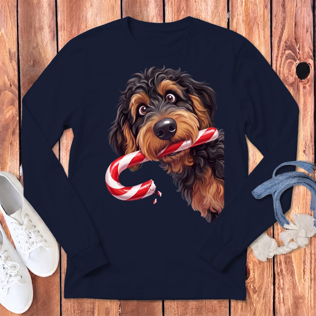 Phantom Goldendoodle Candy Cane Thief Long Sleeve T-Shirt in Navy / S by Puppy Jo