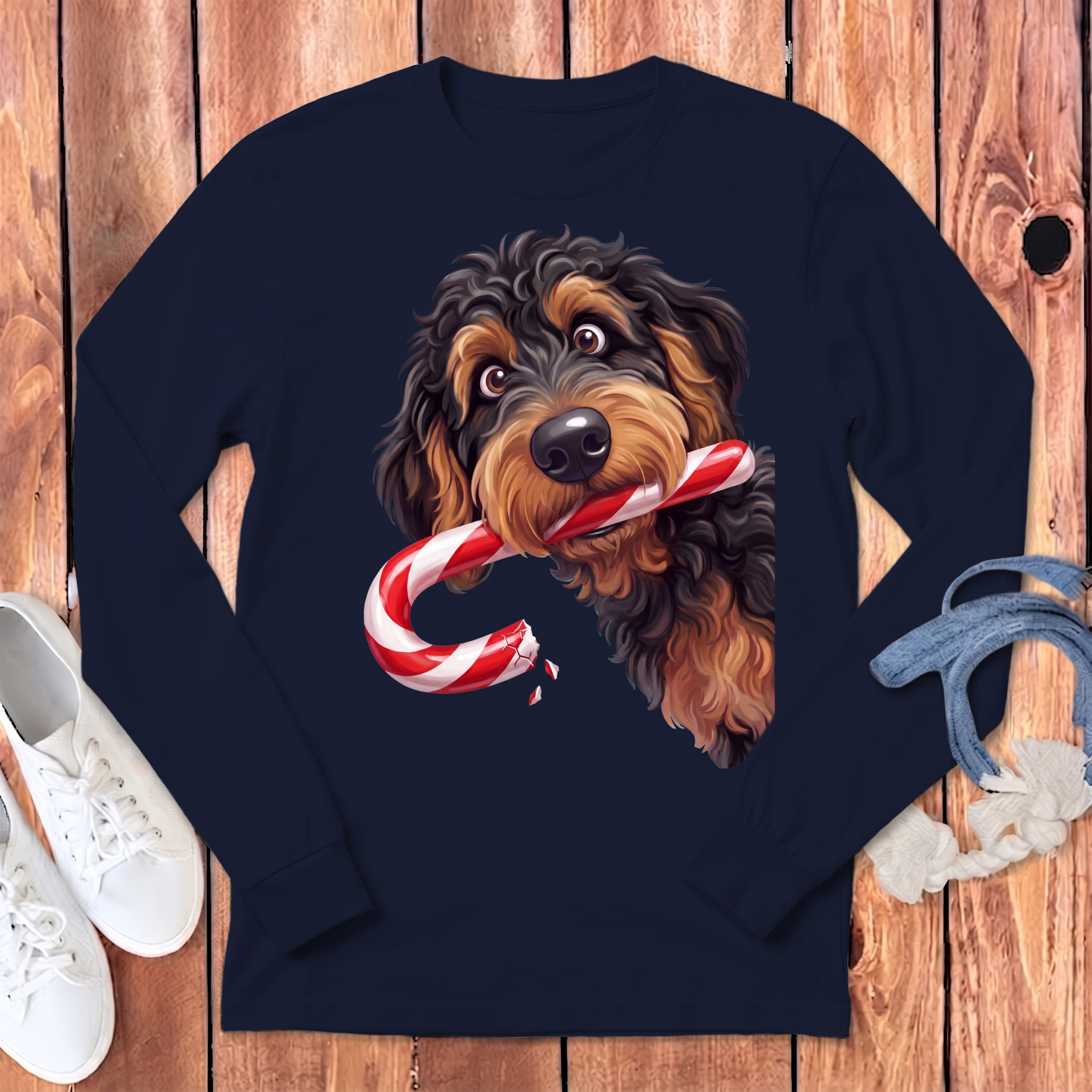 Phantom Goldendoodle Candy Cane Thief Long Sleeve T-Shirt in Navy / S by Puppy Jo