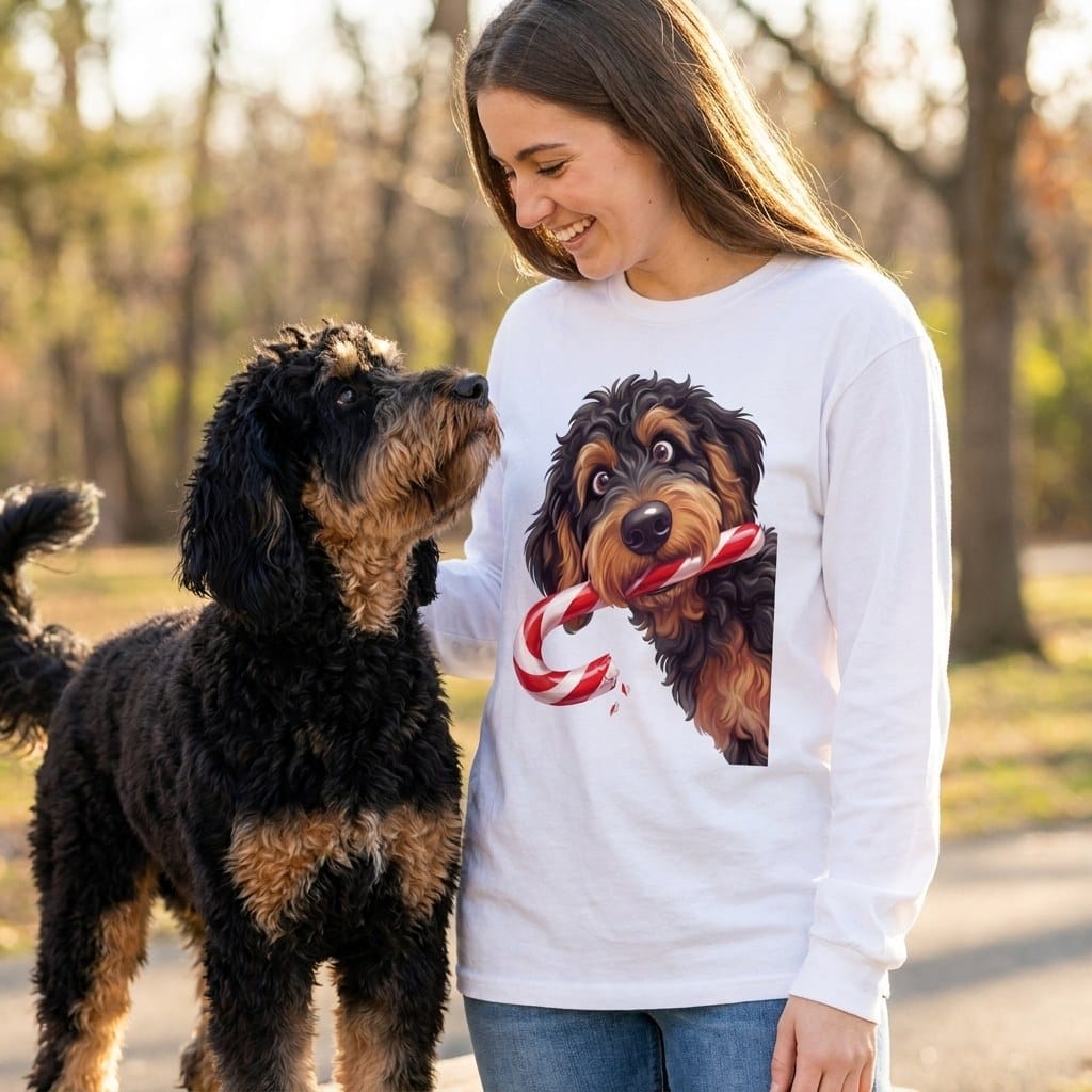 Phantom Goldendoodle Candy Cane Thief Long Sleeve T-Shirt in by Puppy Jo
