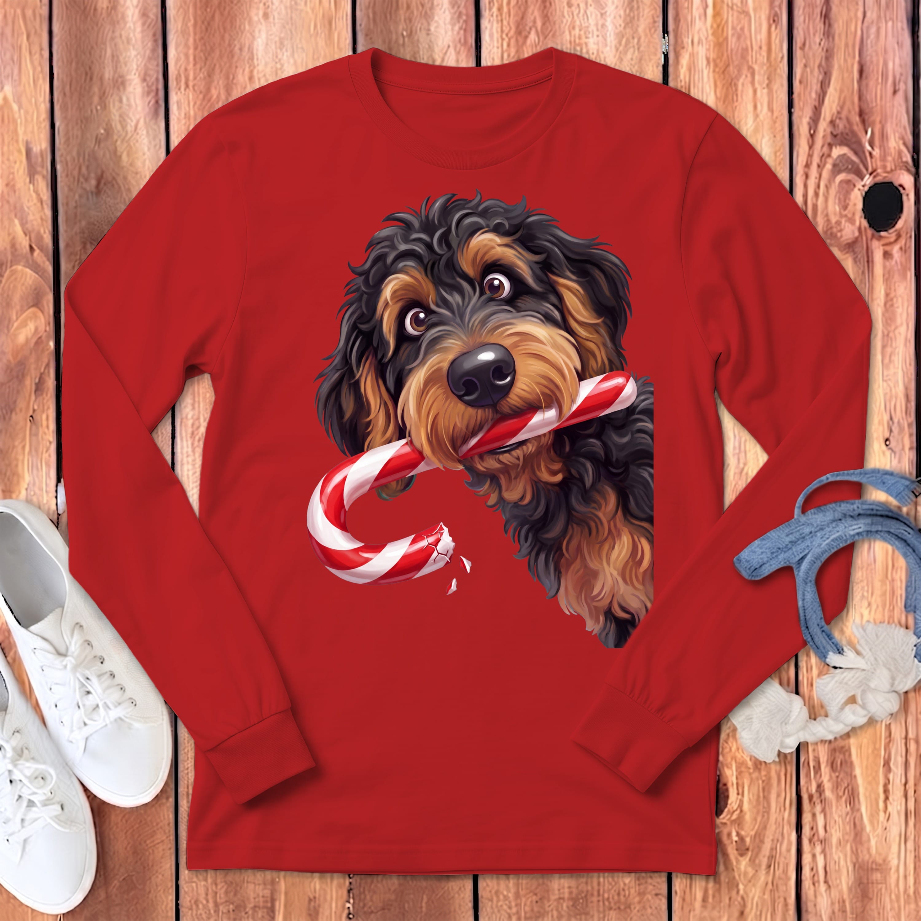 Phantom Goldendoodle Candy Cane Thief Long Sleeve T-Shirt in Red / S by Puppy Jo