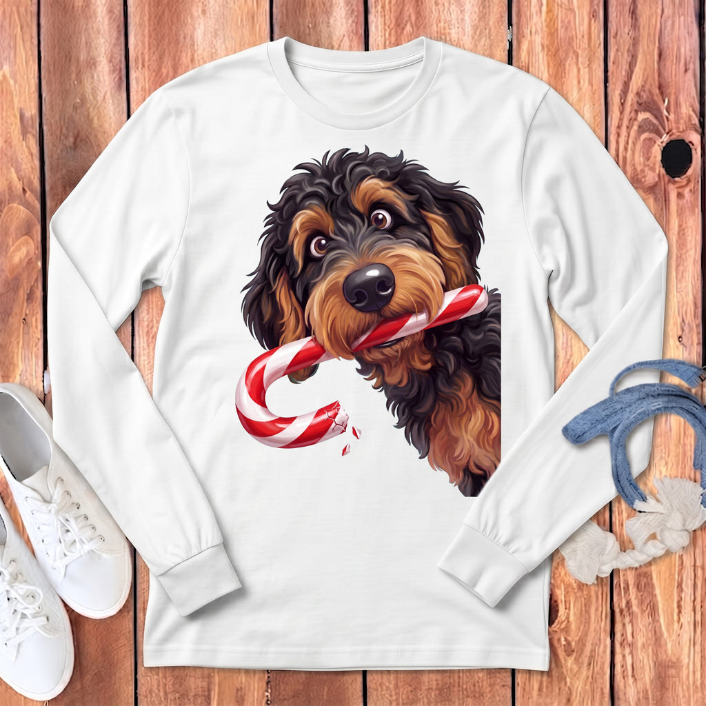Phantom Goldendoodle Candy Cane Thief Long Sleeve T-Shirt in White / S by Puppy Jo