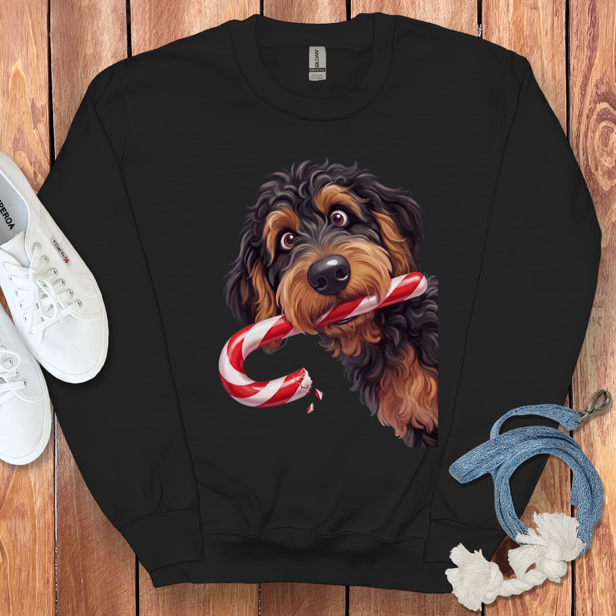 Phantom Goldendoodle Candy Cane Thief Sweatshirt in Black / S by Puppy Jo