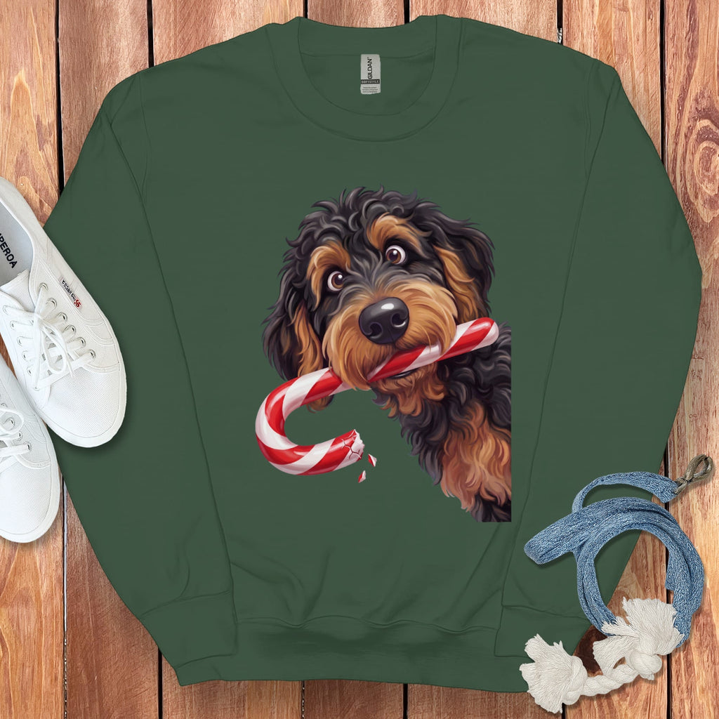 Phantom Goldendoodle Candy Cane Thief Sweatshirt in Forest Green / S by Puppy Jo