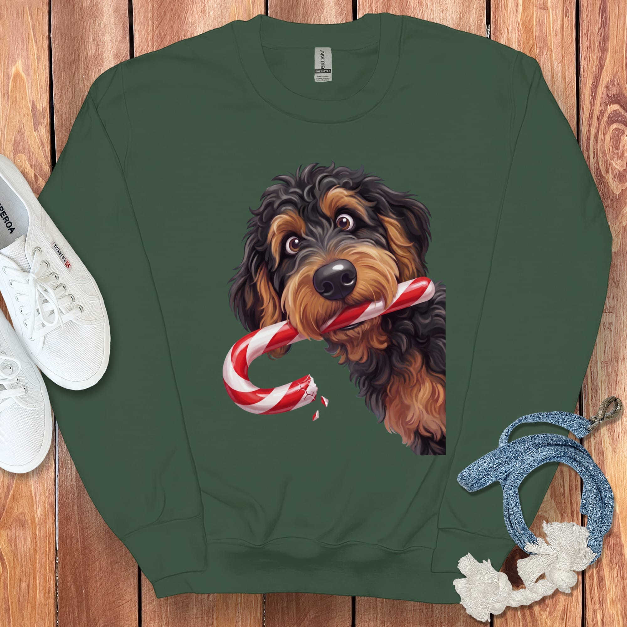 Phantom Goldendoodle Candy Cane Thief Sweatshirt in Forest Green / S by Puppy Jo