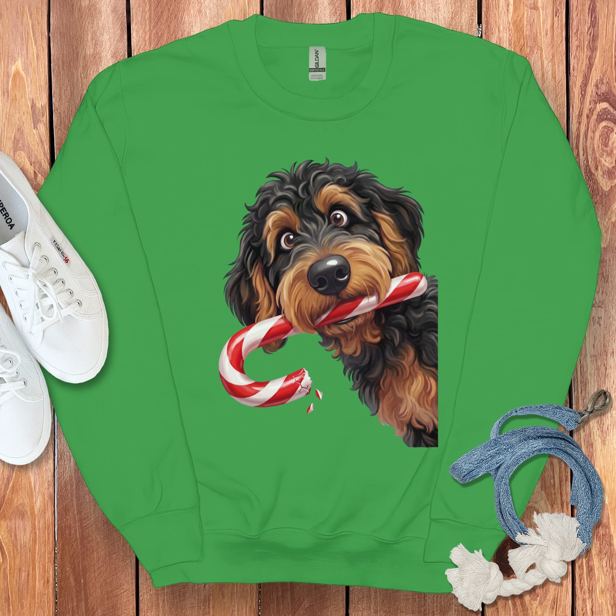 Phantom Goldendoodle Candy Cane Thief Sweatshirt in Irish Green / S by Puppy Jo