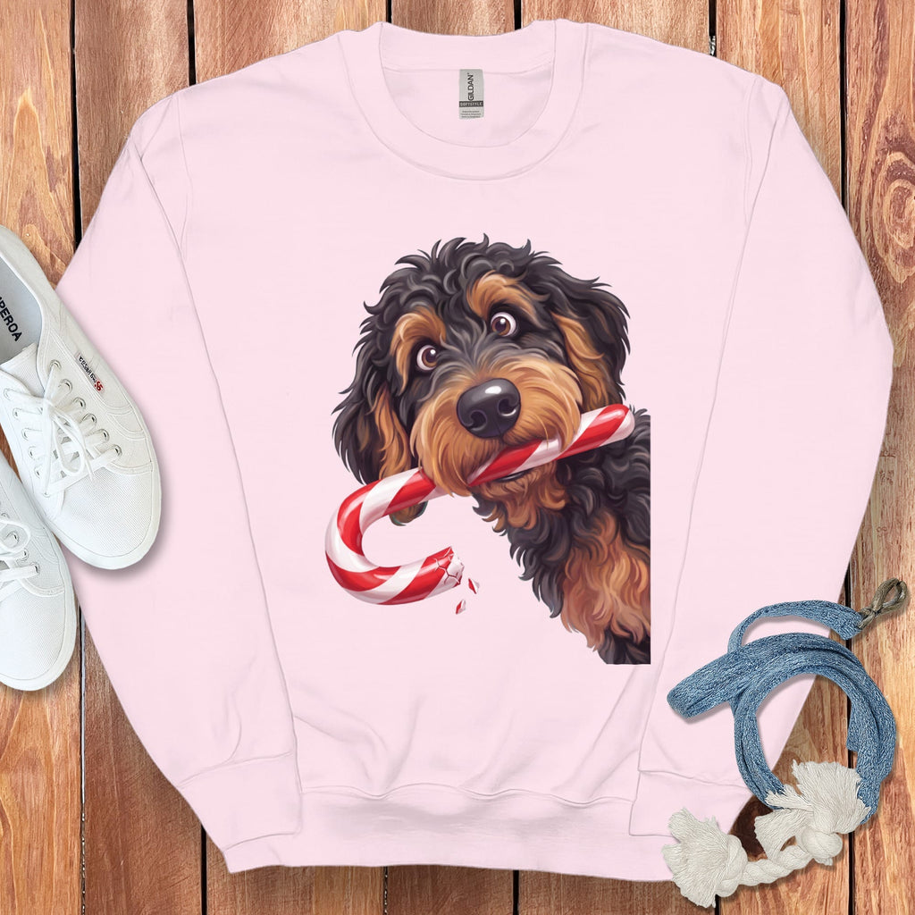 Phantom Goldendoodle Candy Cane Thief Sweatshirt in Light Pink / S by Puppy Jo