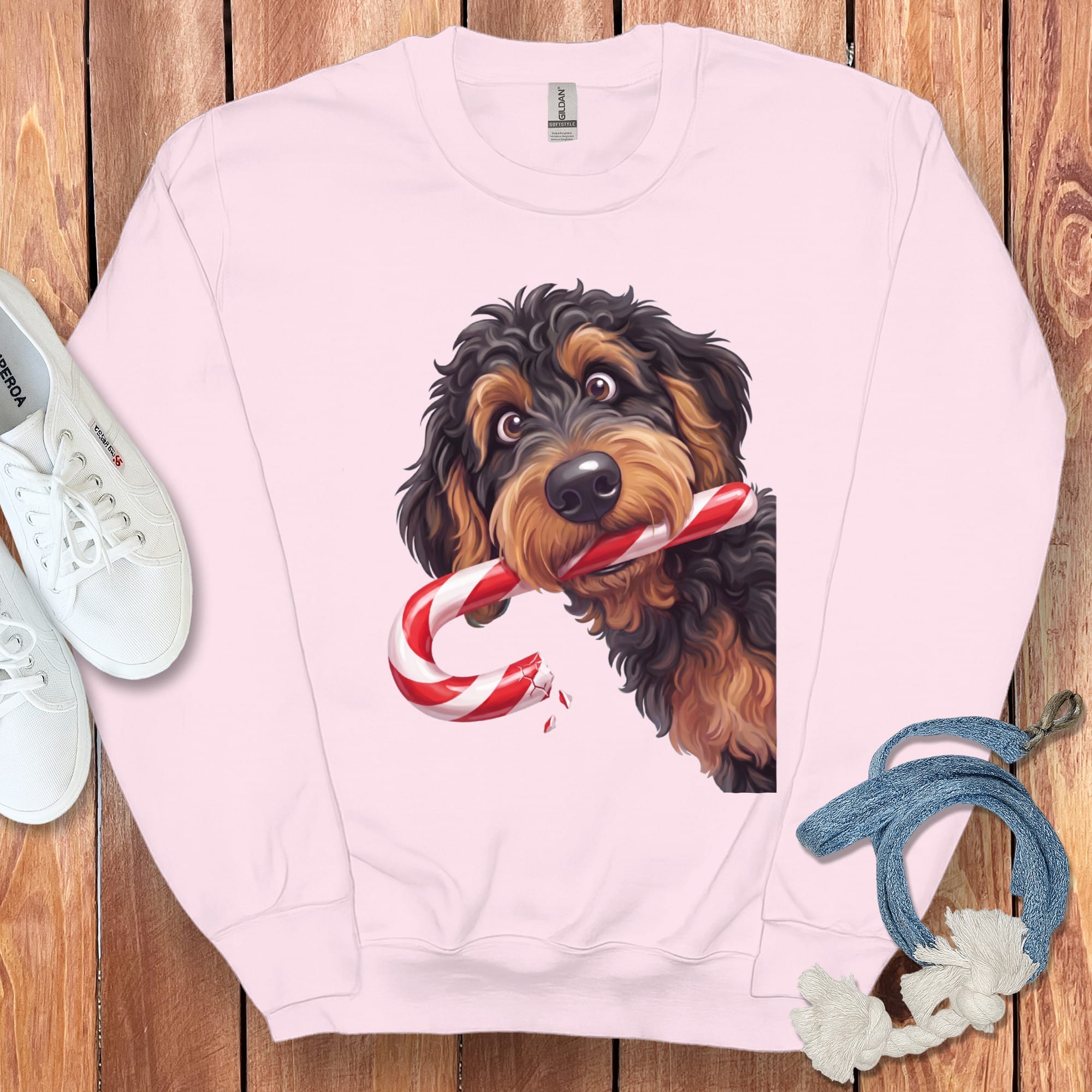 Phantom Goldendoodle Candy Cane Thief Sweatshirt in Light Pink / S by Puppy Jo