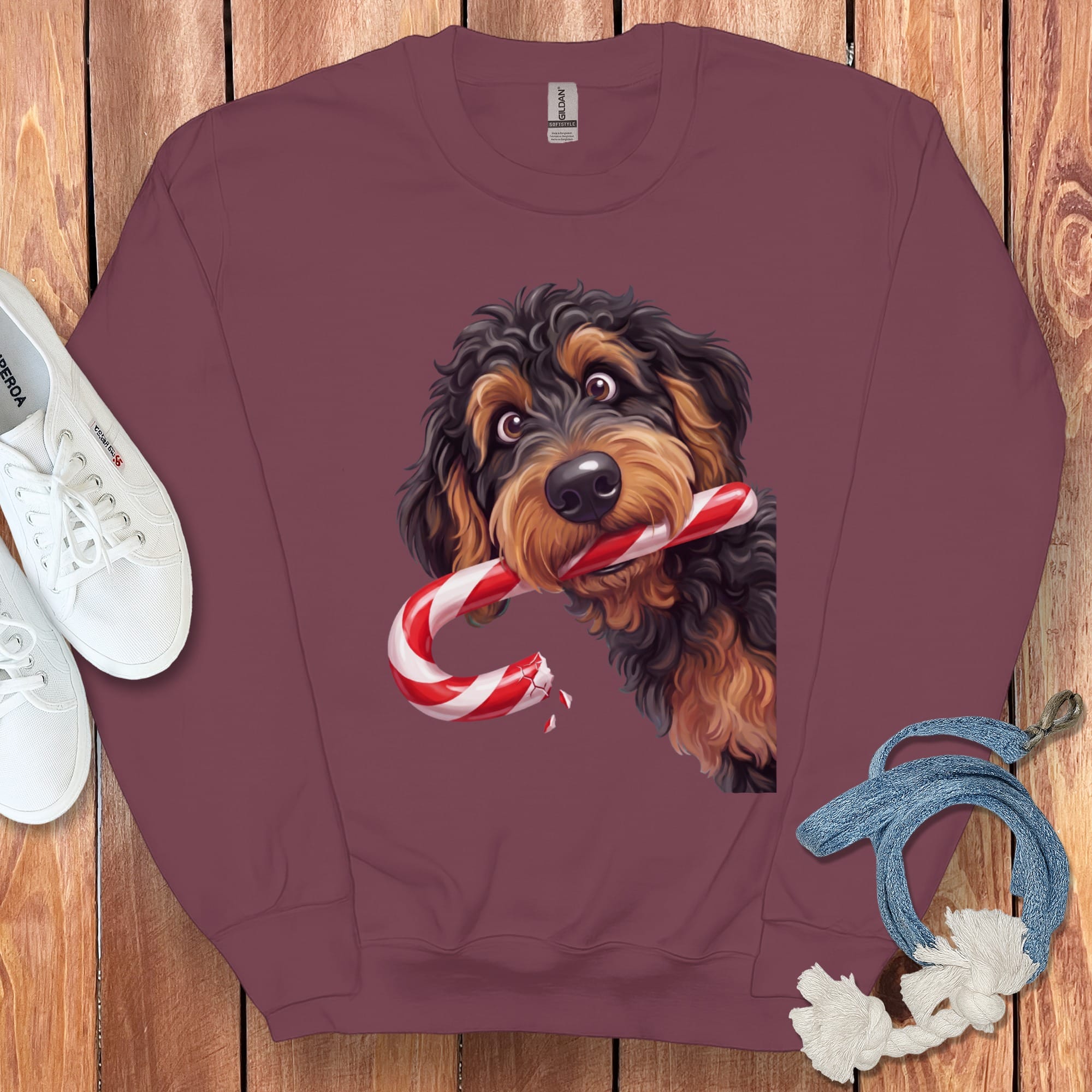 Phantom Goldendoodle Candy Cane Thief Sweatshirt in Maroon / S by Puppy Jo