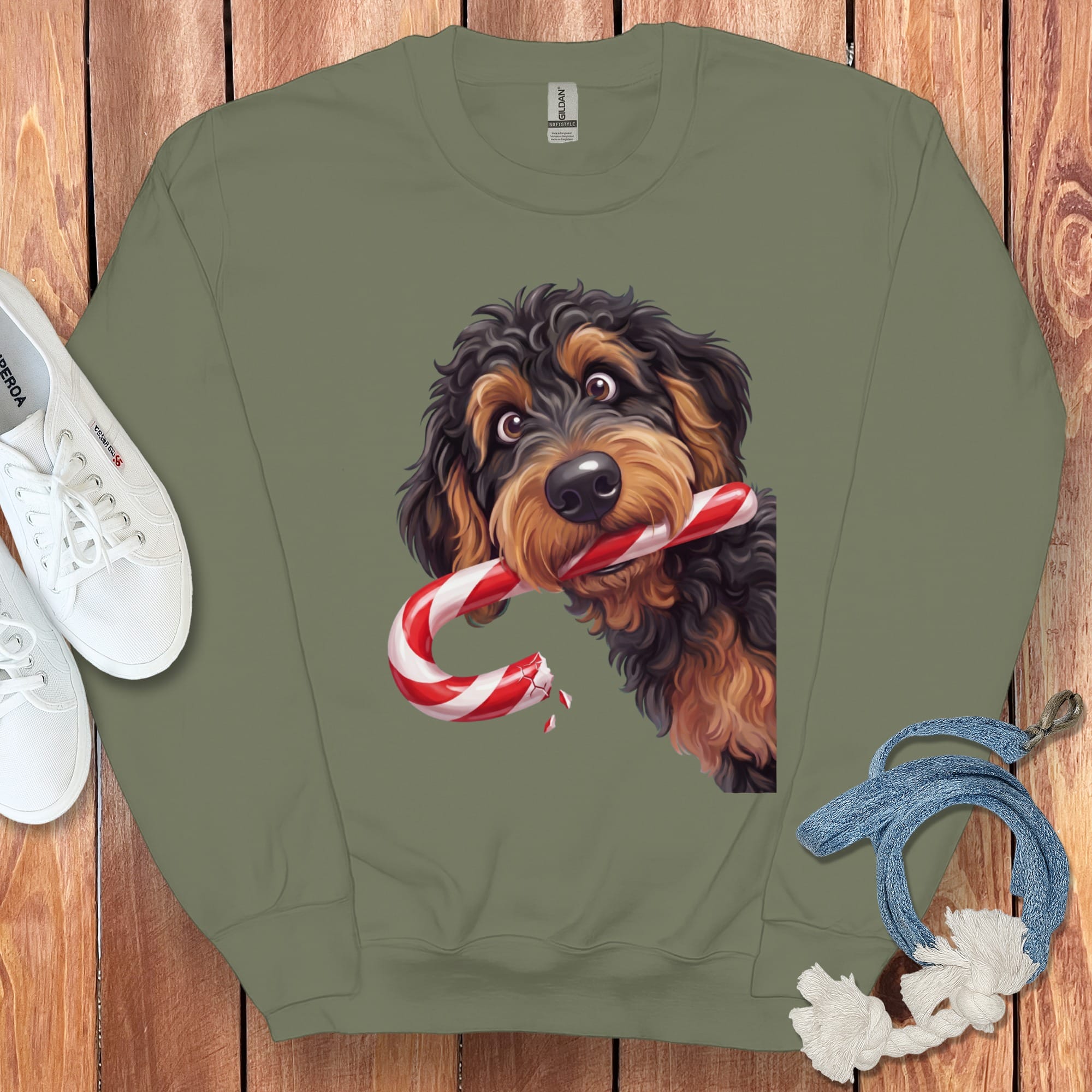 Phantom Goldendoodle Candy Cane Thief Sweatshirt in Military Green / S by Puppy Jo