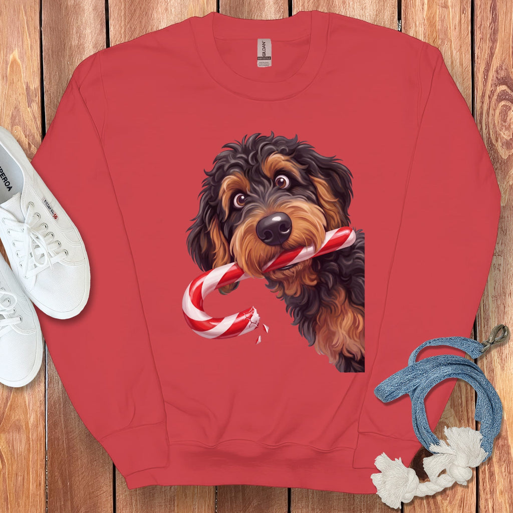 Phantom Goldendoodle Candy Cane Thief Sweatshirt in Red / S by Puppy Jo