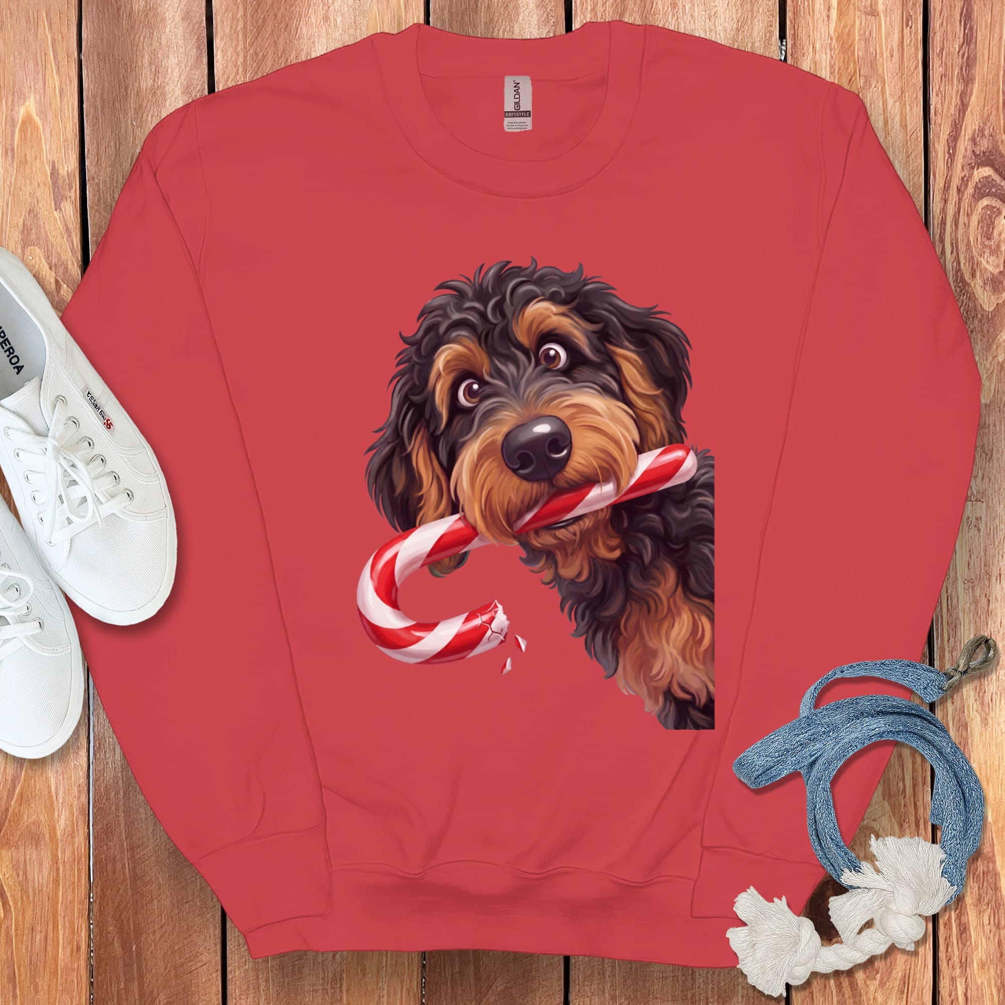 Phantom Goldendoodle Candy Cane Thief Sweatshirt in Red / S by Puppy Jo