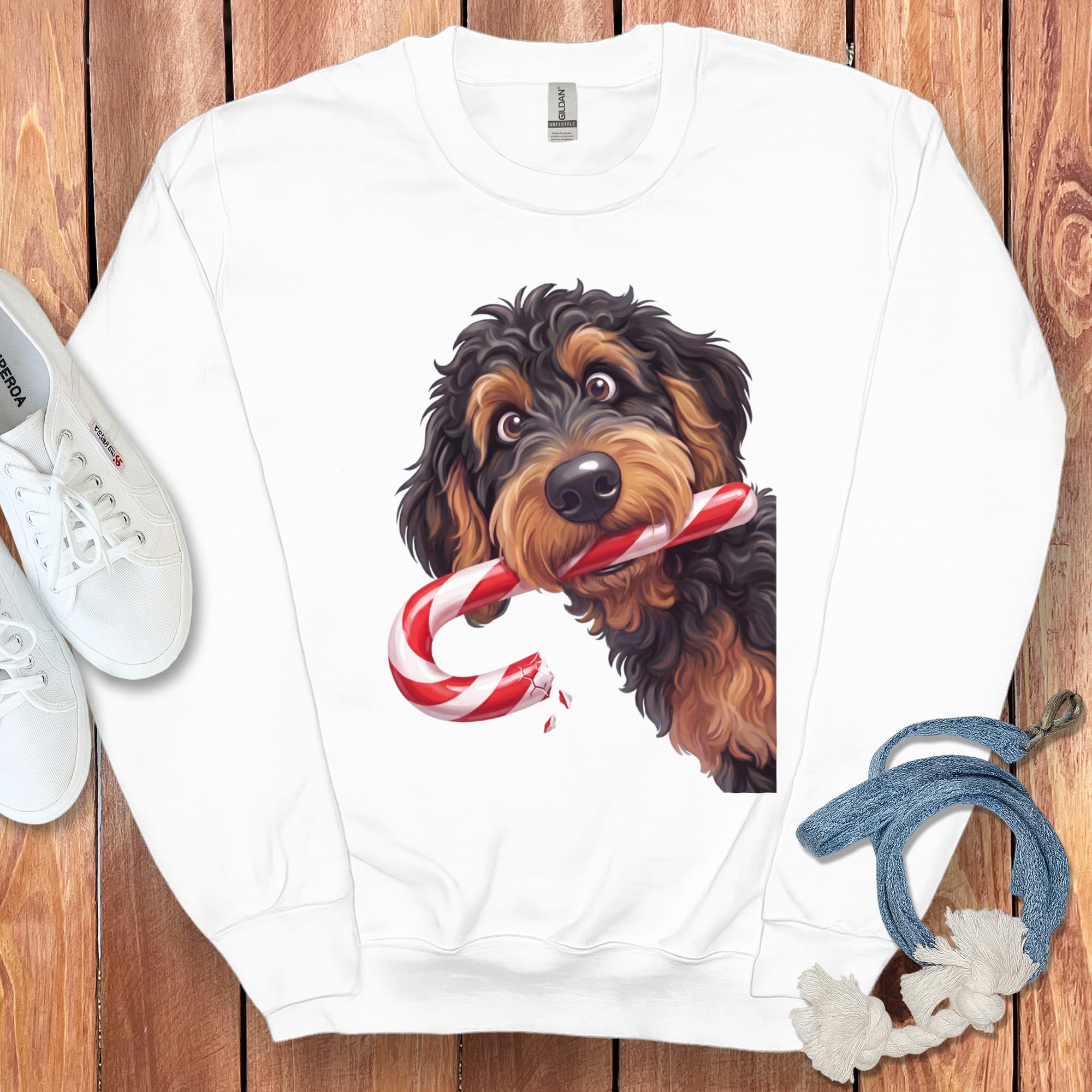 Phantom Goldendoodle Candy Cane Thief Sweatshirt in White / S by Puppy Jo