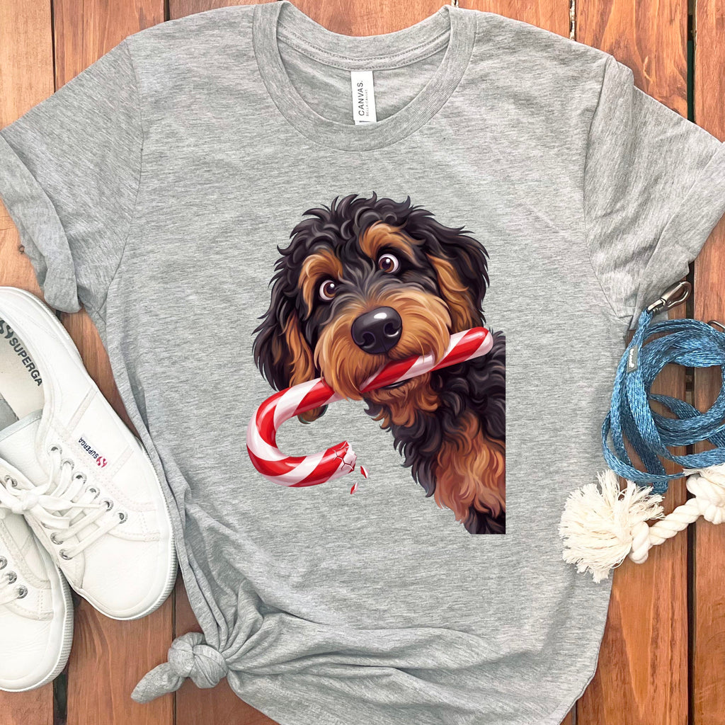 Phantom Goldendoodle Candy Cane Thief T-Shirt in Athletic Heather / S by Puppy Jo