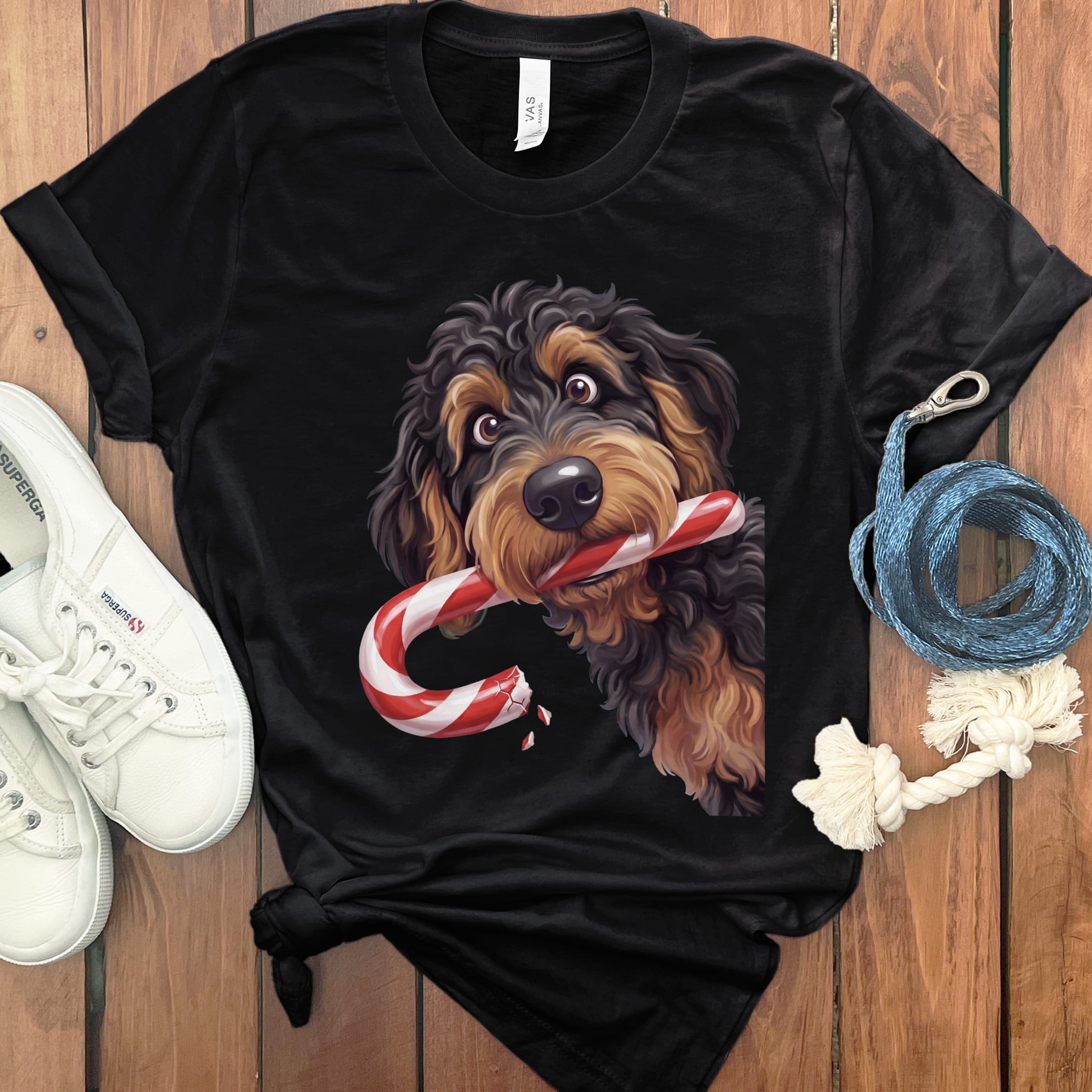 Phantom Goldendoodle Candy Cane Thief T-Shirt in Black / S by Puppy Jo