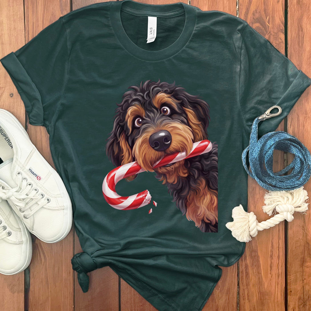 Phantom Goldendoodle Candy Cane Thief T-Shirt in Forest / S by Puppy Jo
