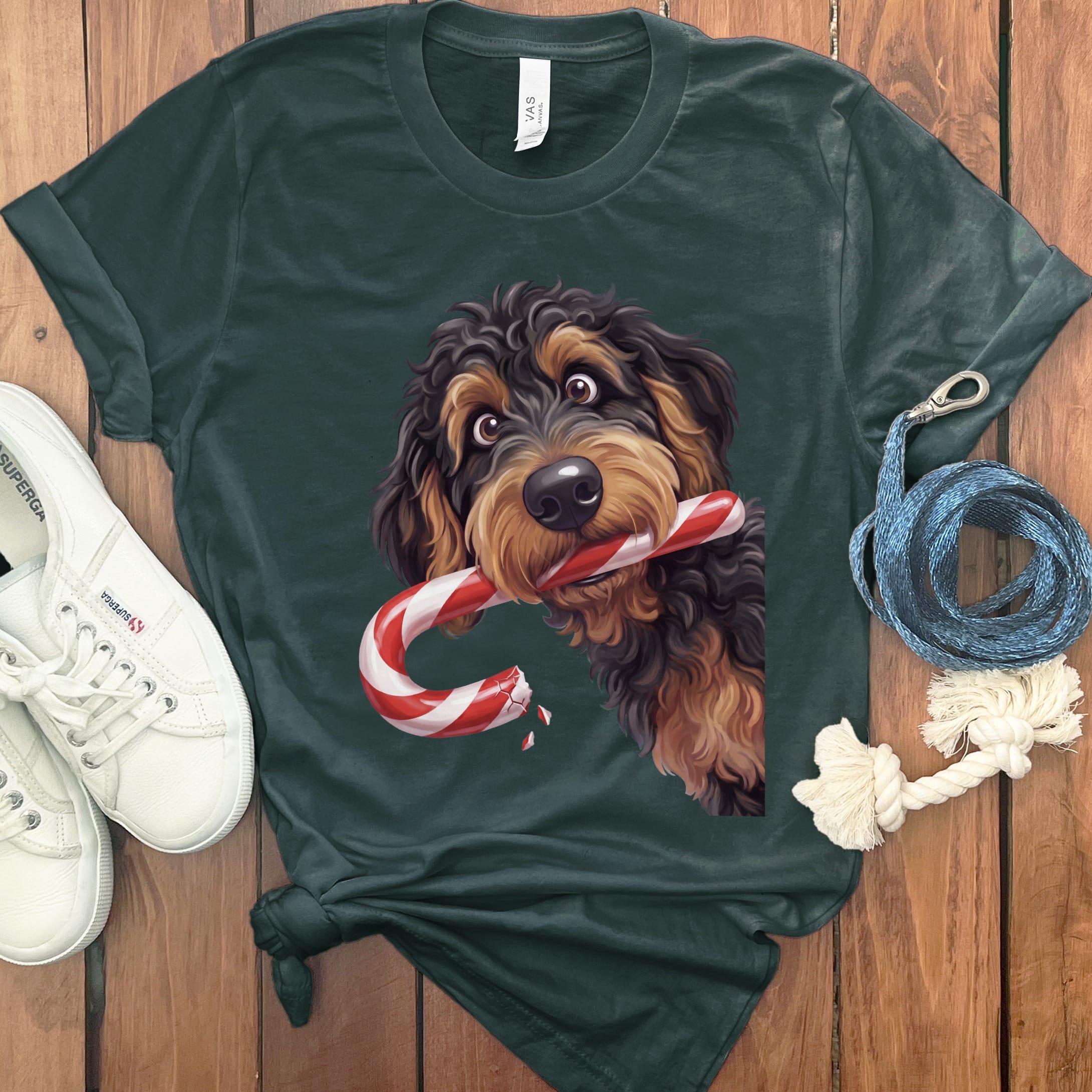 Phantom Goldendoodle Candy Cane Thief T-Shirt in Forest / S by Puppy Jo