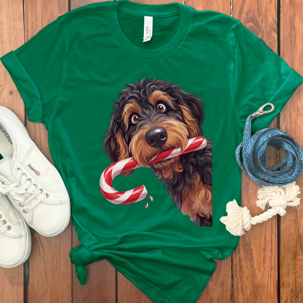 Phantom Goldendoodle Candy Cane Thief T-Shirt in Kelly / S by Puppy Jo