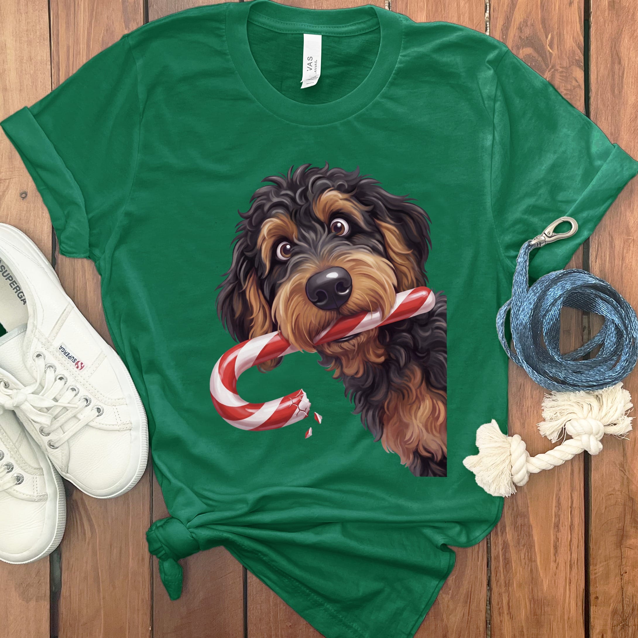 Phantom Goldendoodle Candy Cane Thief T-Shirt in Kelly / S by Puppy Jo
