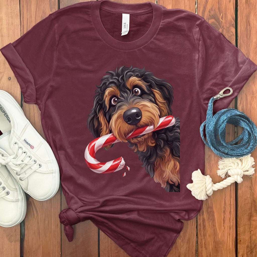 Phantom Goldendoodle Candy Cane Thief T-Shirt in Maroon / S by Puppy Jo