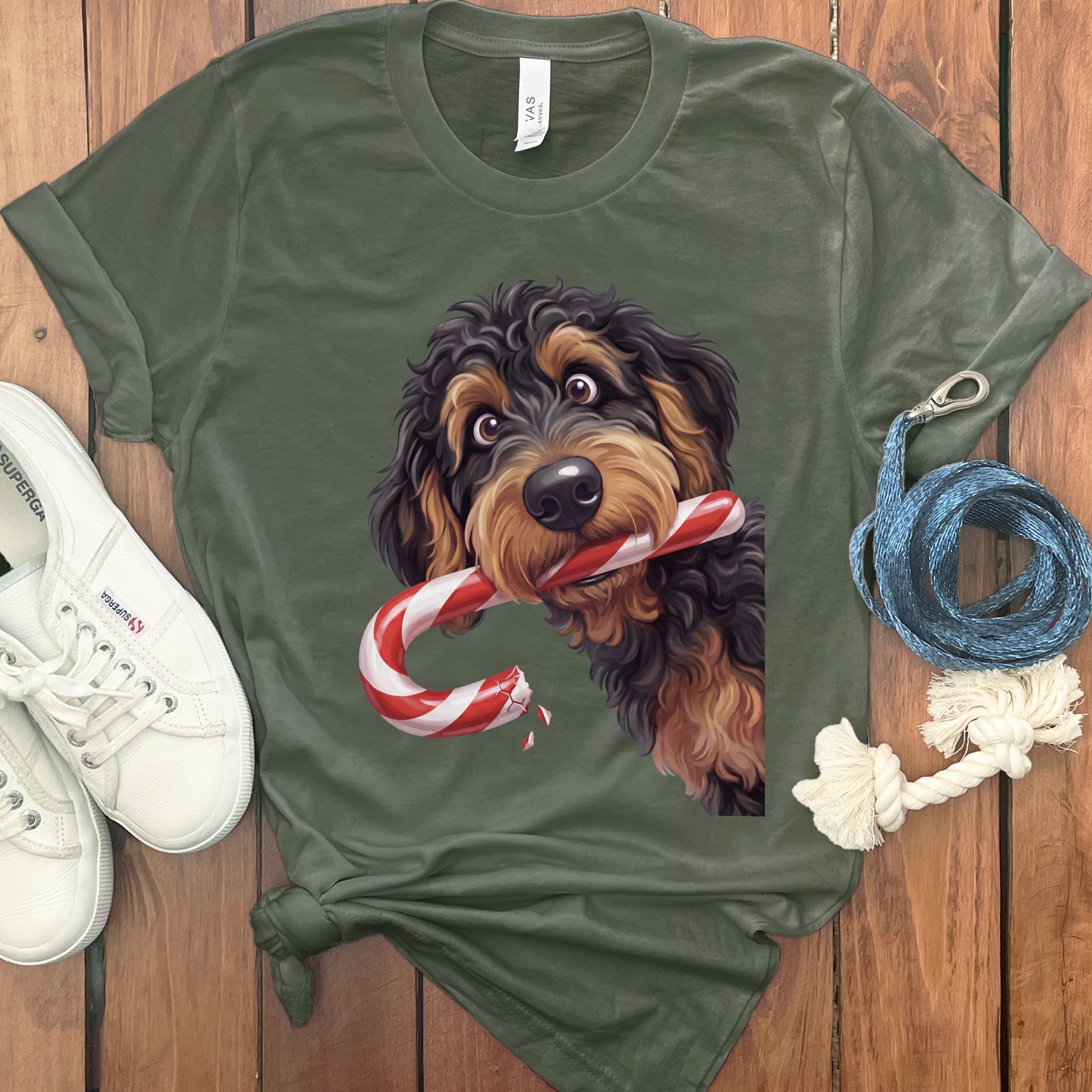 Phantom Goldendoodle Candy Cane Thief T-Shirt in Military Green / S by Puppy Jo