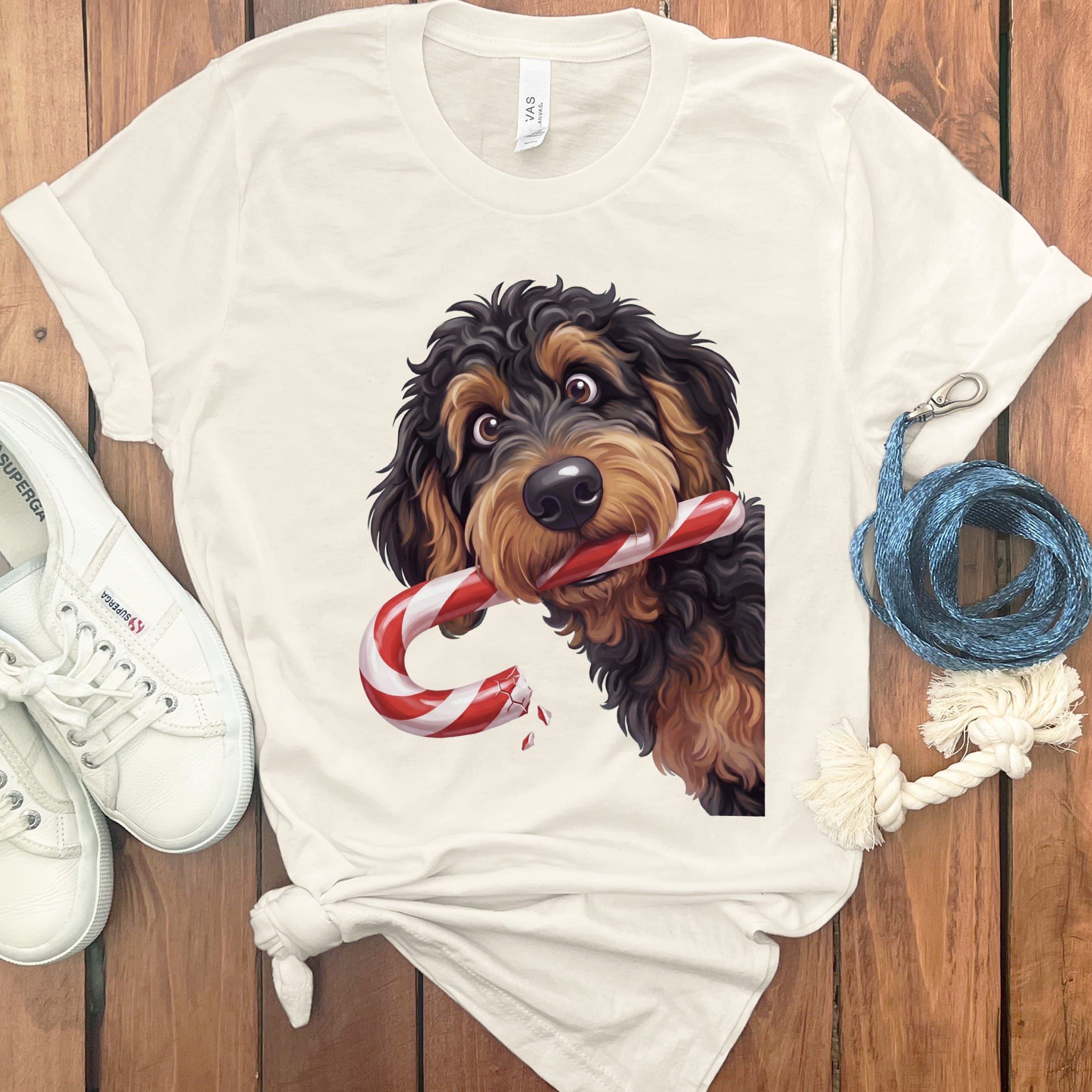 Phantom Goldendoodle Candy Cane Thief T-Shirt in Natural / S by Puppy Jo