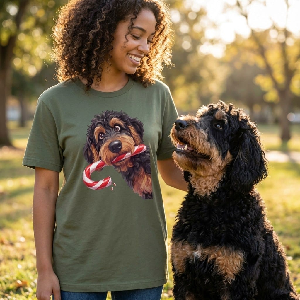 Phantom Goldendoodle Candy Cane Thief T-Shirt in by Puppy Jo