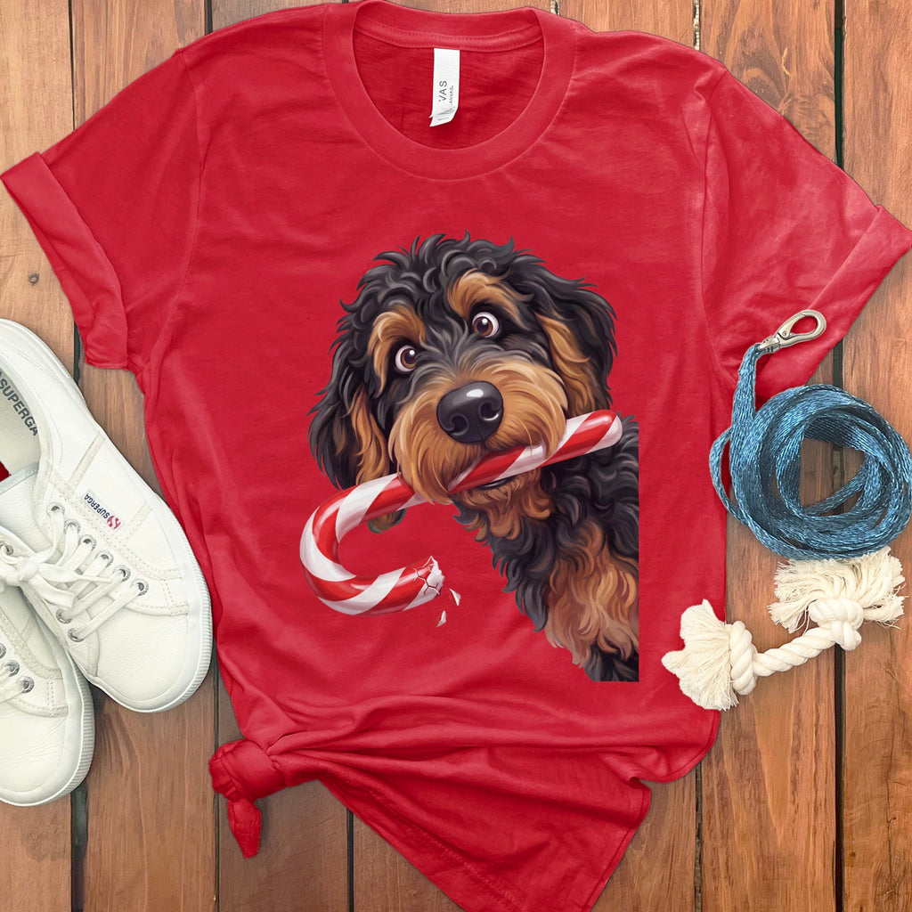 Phantom Goldendoodle Candy Cane Thief T-Shirt in Red / S by Puppy Jo
