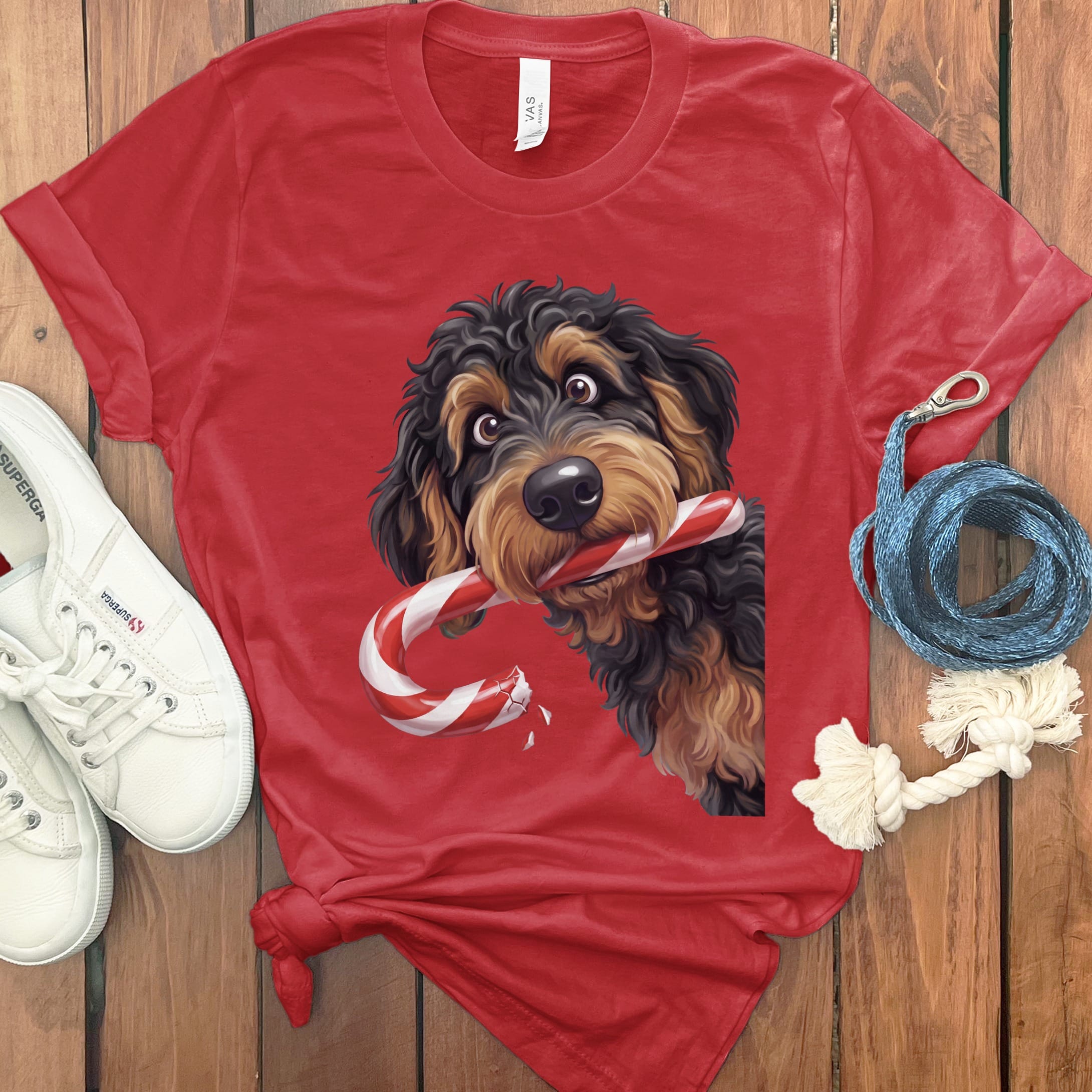 Phantom Goldendoodle Candy Cane Thief T-Shirt in Red / S by Puppy Jo