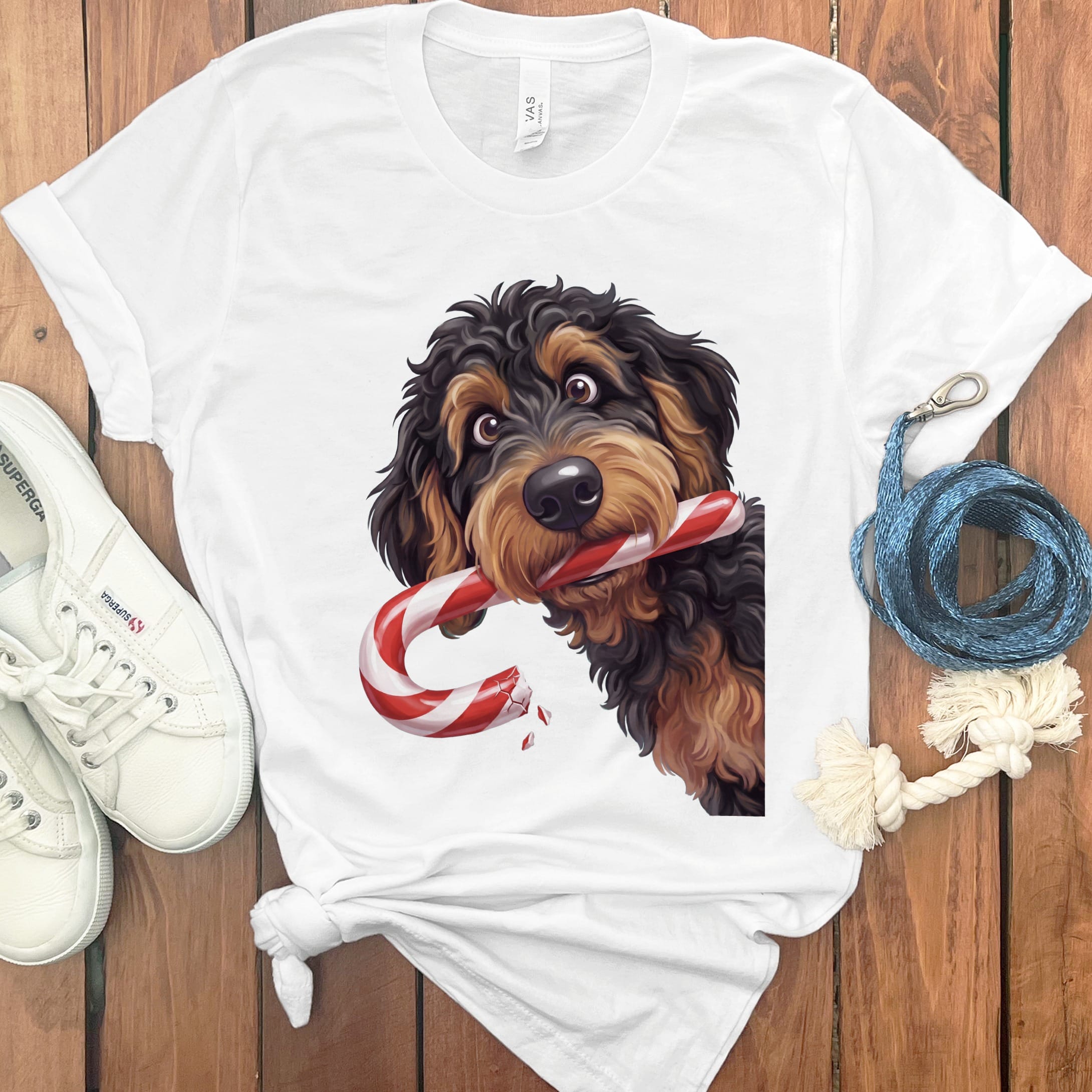 Phantom Goldendoodle Candy Cane Thief T-Shirt in White / S by Puppy Jo