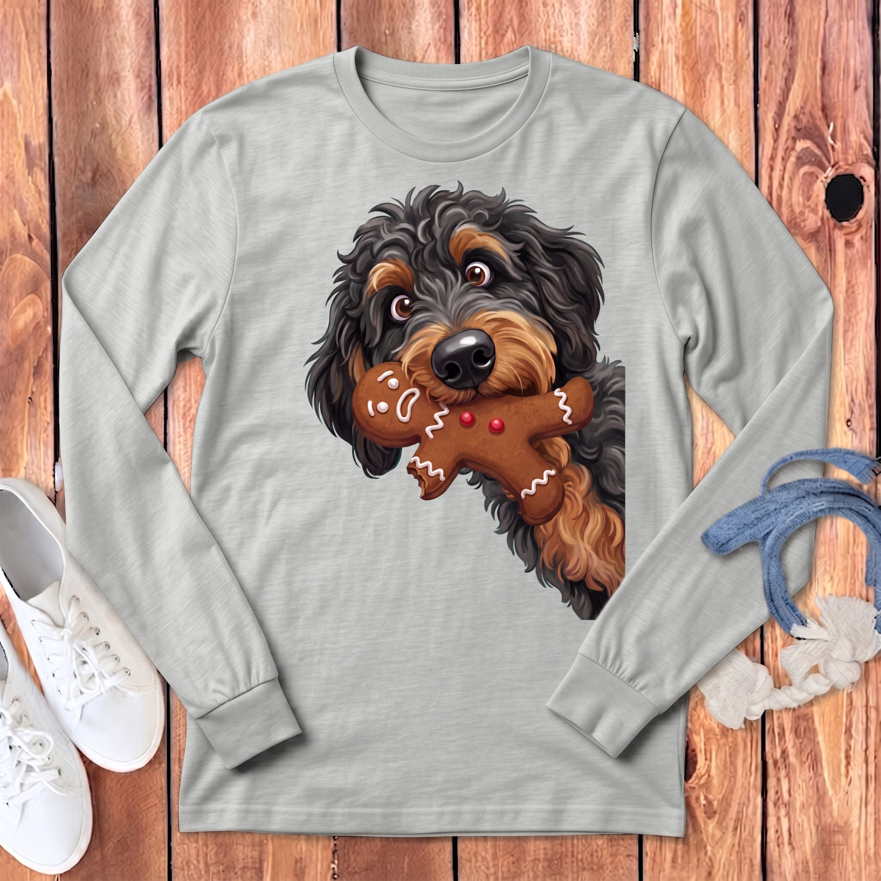 Phantom Goldendoodle Cookie Thief Long Sleeve T-Shirt in Athletic Heather / S by Puppy Jo