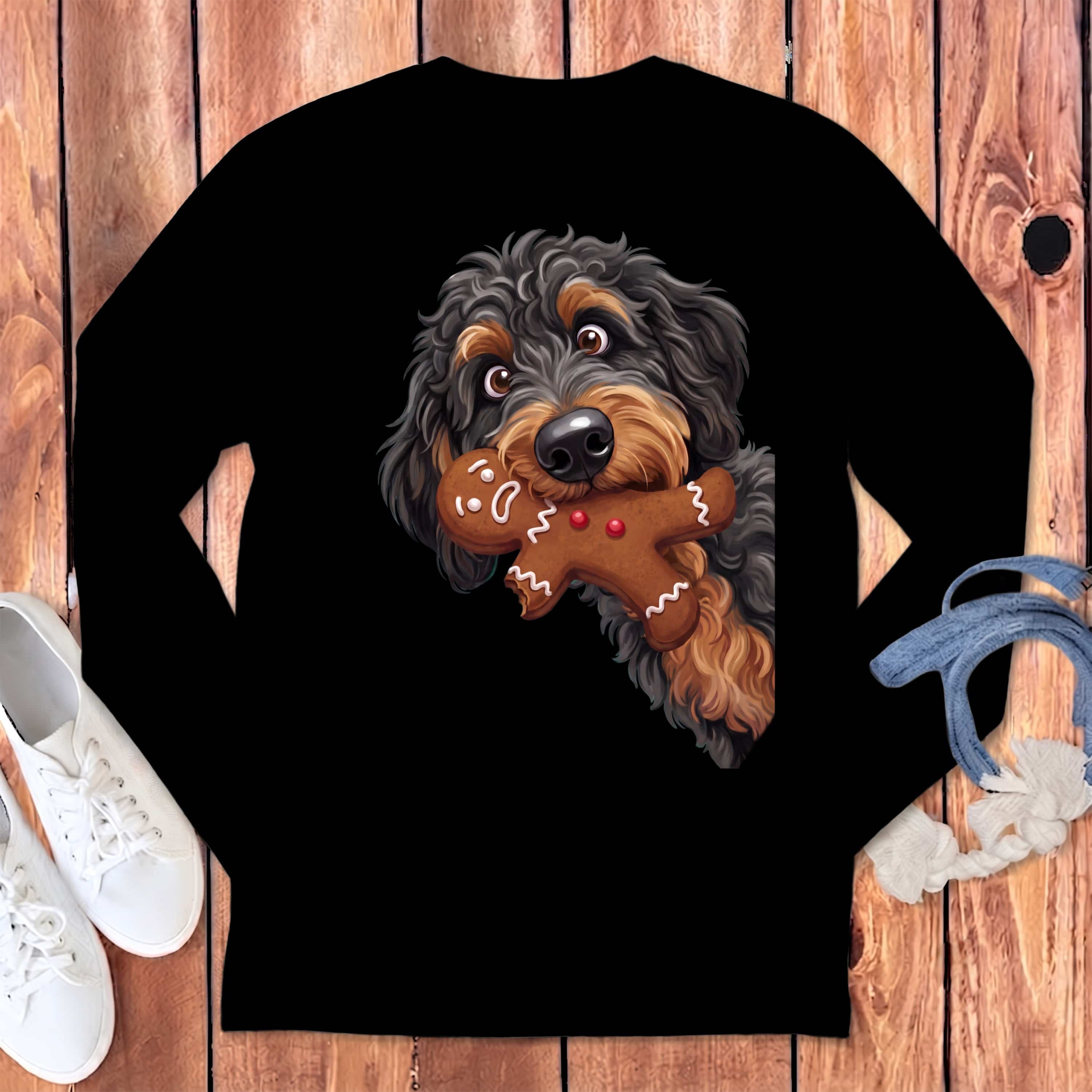 Phantom Goldendoodle Cookie Thief Long Sleeve T-Shirt in Black / S by Puppy Jo