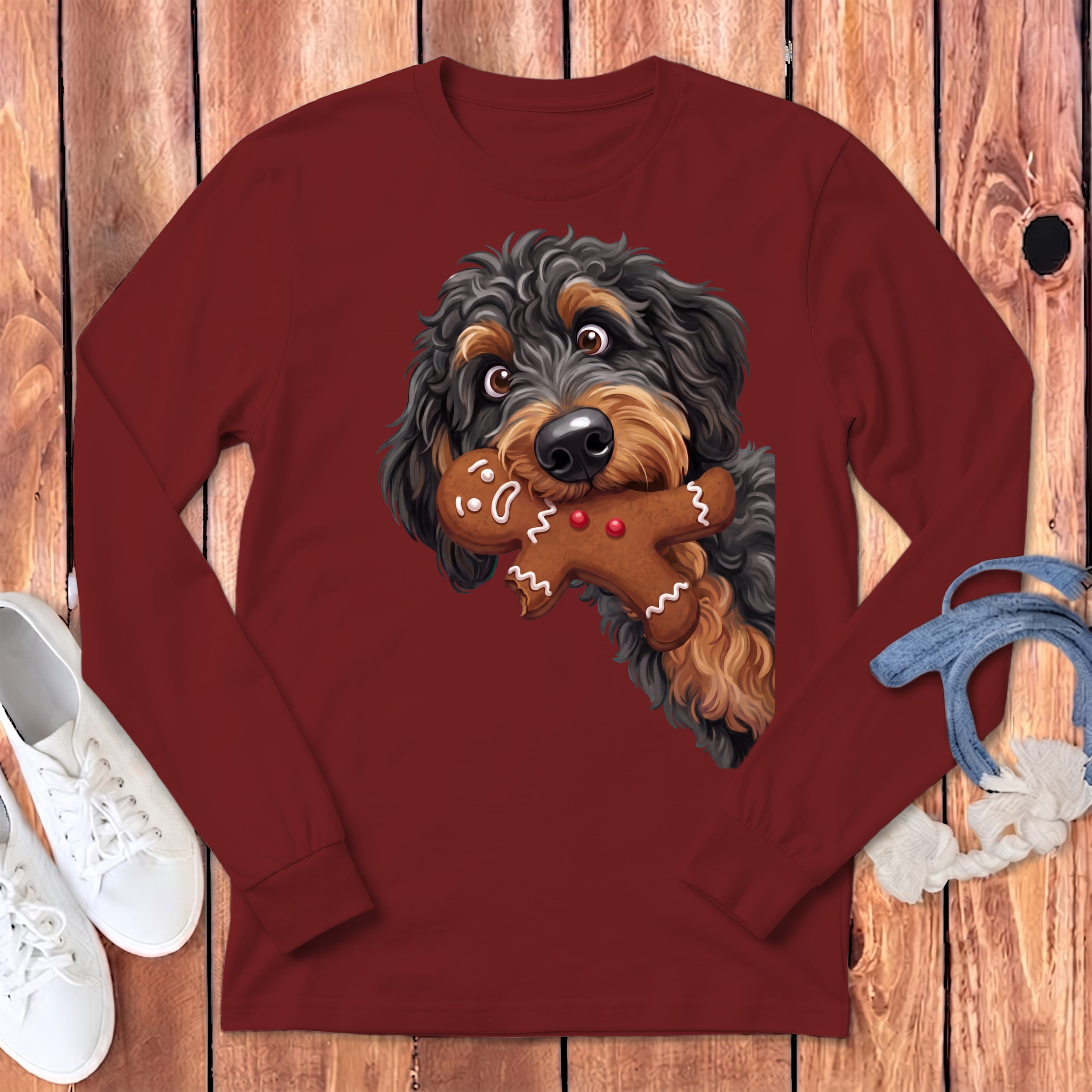 Phantom Goldendoodle Cookie Thief Long Sleeve T-Shirt in Cardinal / S by Puppy Jo