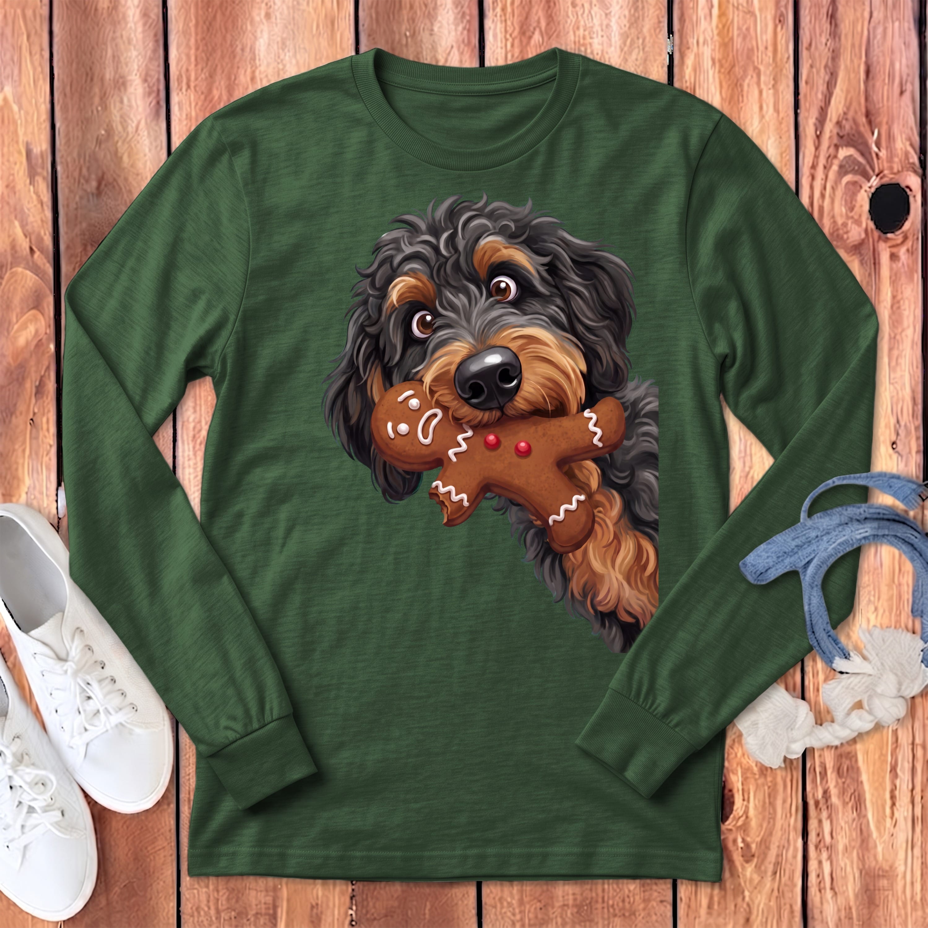 Phantom Goldendoodle Cookie Thief Long Sleeve T-Shirt in Heather Forest / S by Puppy Jo