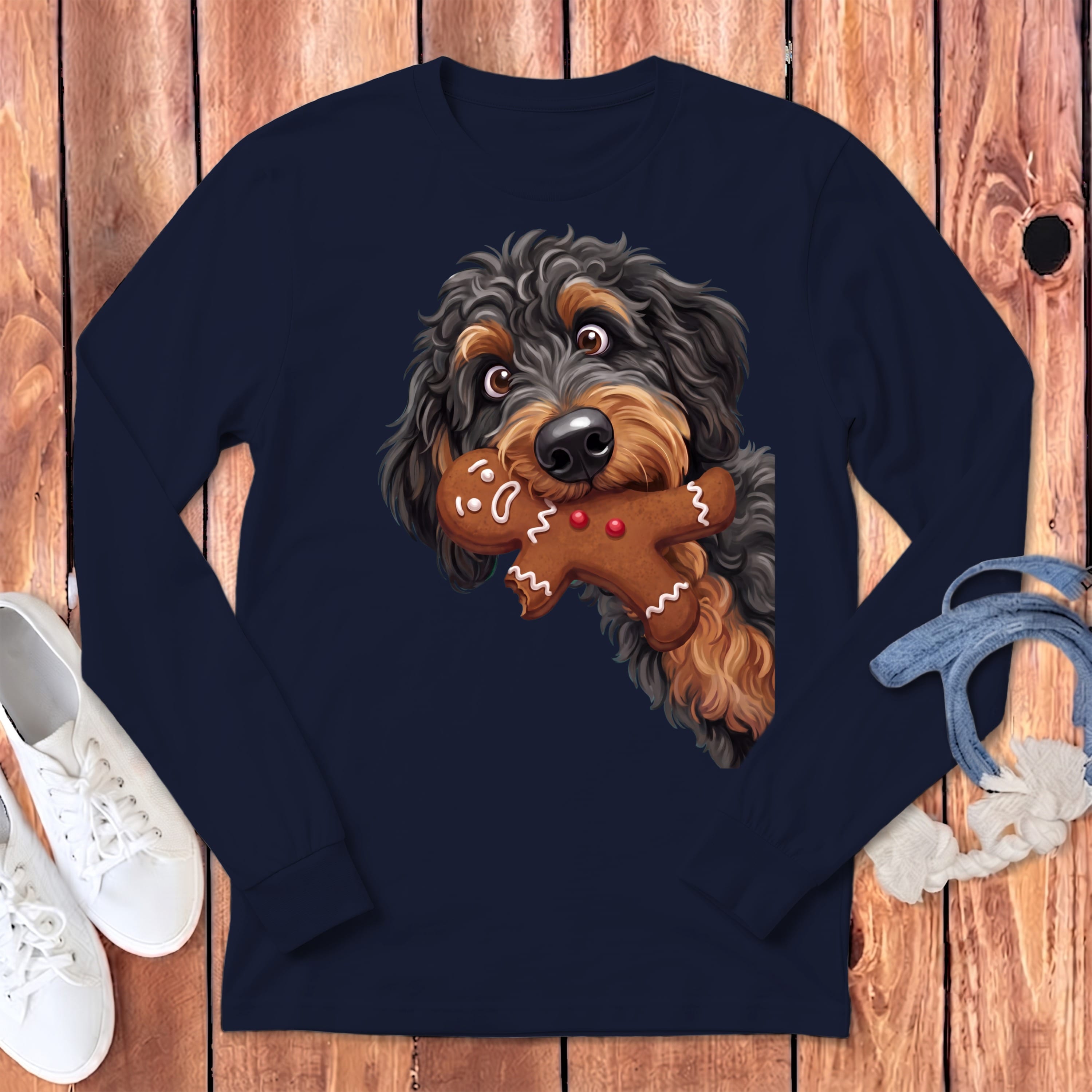 Phantom Goldendoodle Cookie Thief Long Sleeve T-Shirt in Navy / S by Puppy Jo