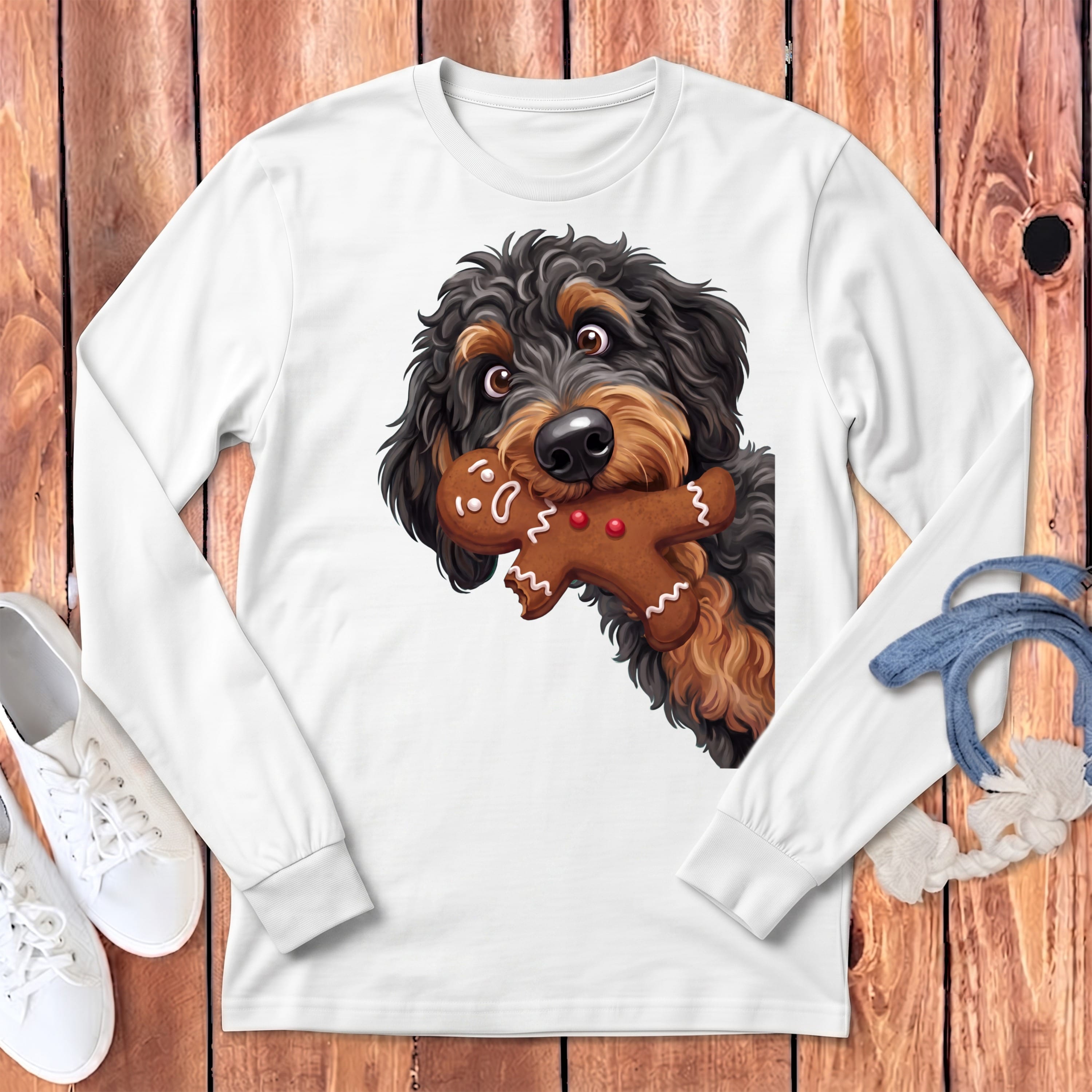 Phantom Goldendoodle Cookie Thief Long Sleeve T-Shirt in White / S by Puppy Jo