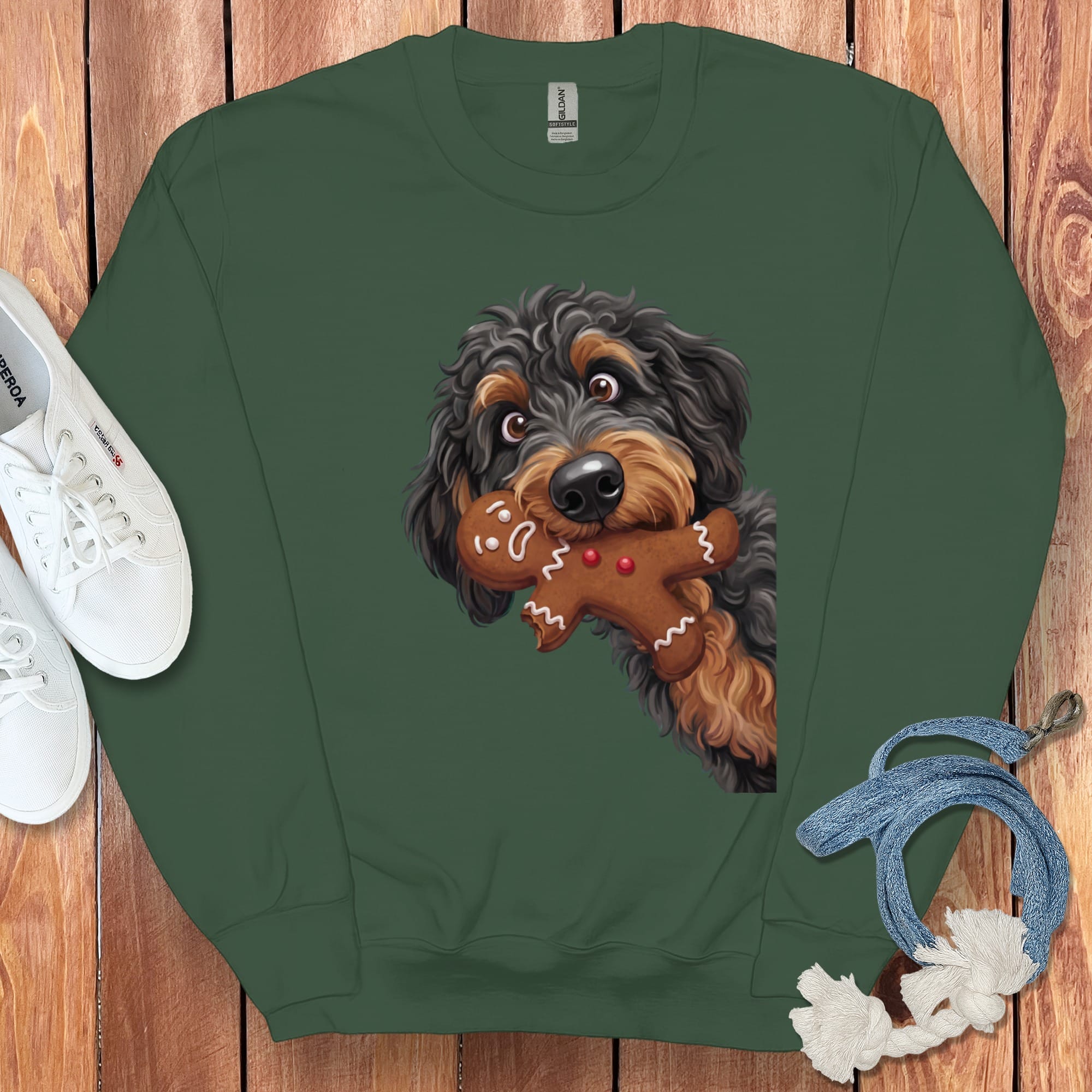 Phantom Goldendoodle Cookie Thief Sweatshirt in Forest Green / S by Puppy Jo