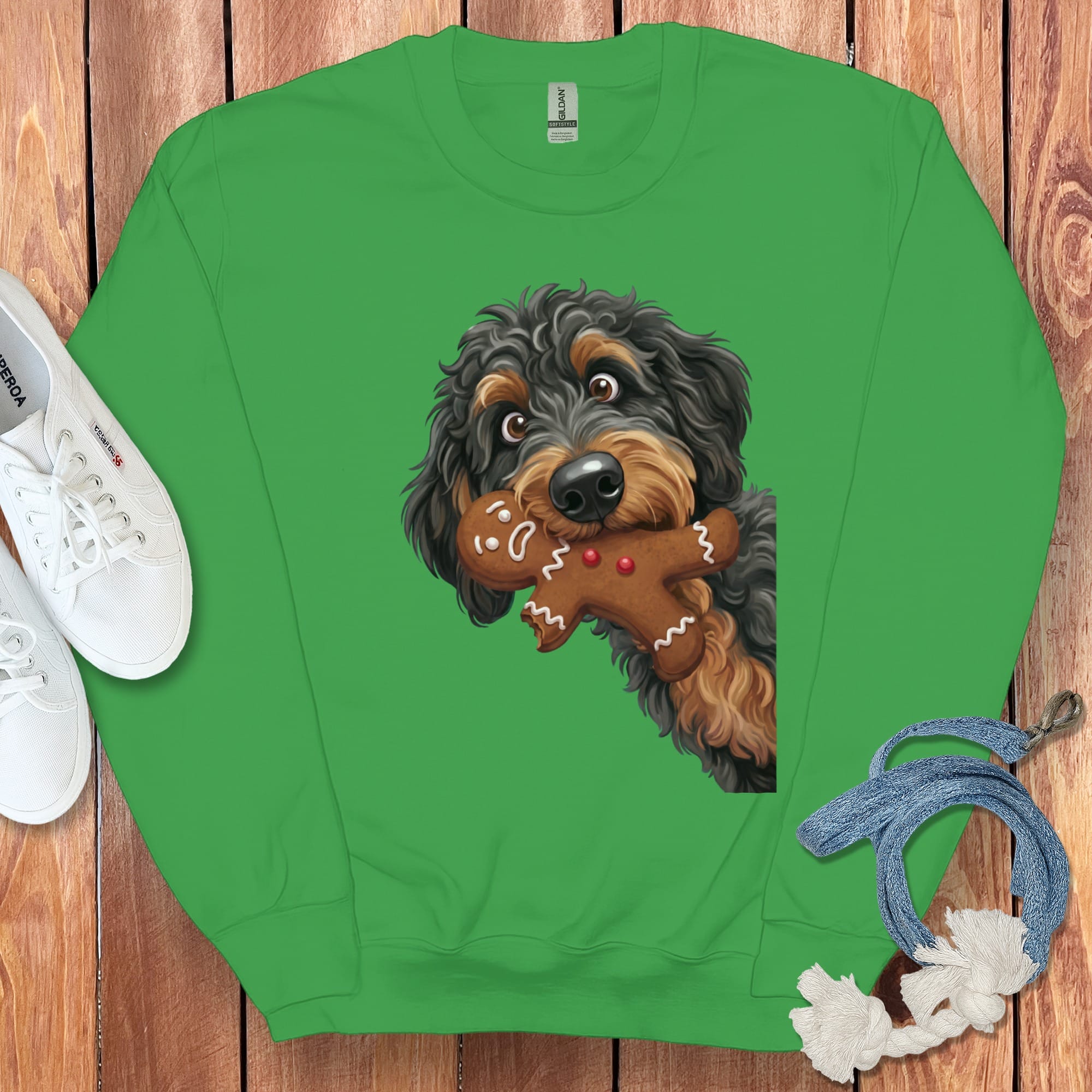 Phantom Goldendoodle Cookie Thief Sweatshirt in Irish Green / S by Puppy Jo