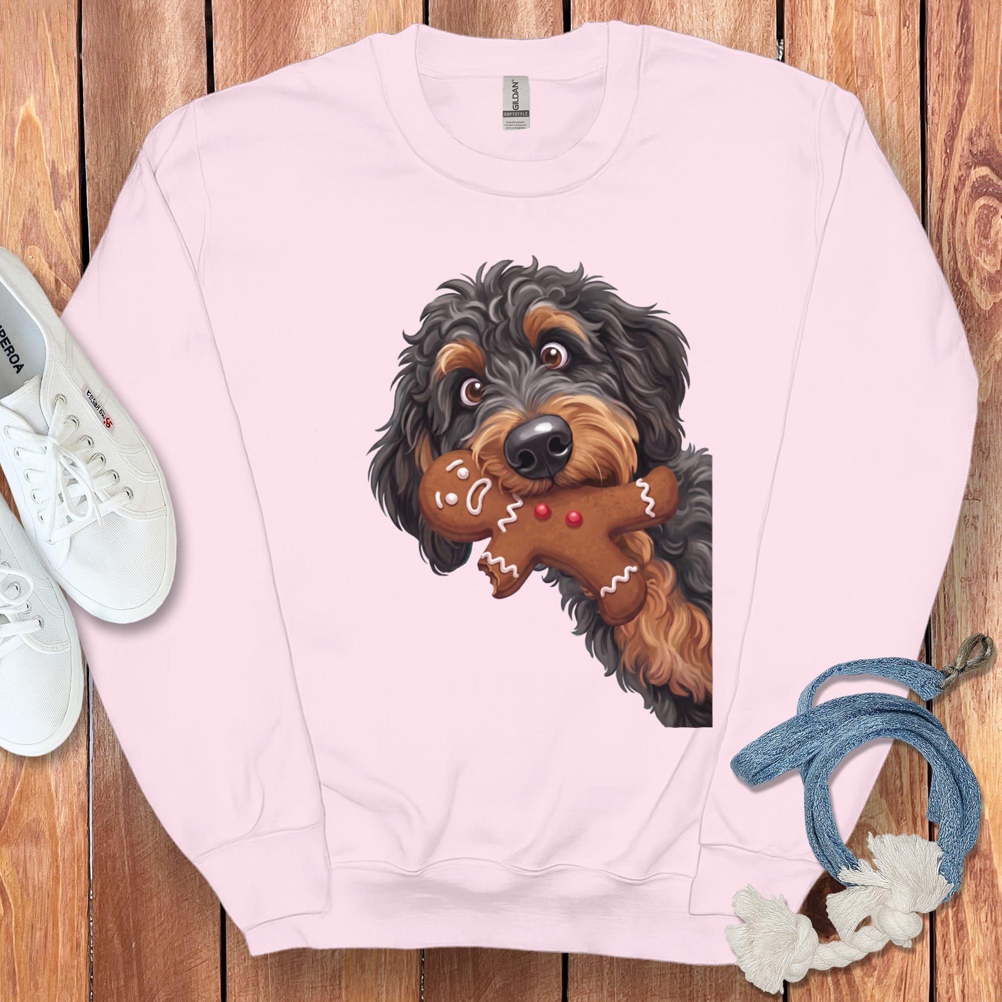 Phantom Goldendoodle Cookie Thief Sweatshirt in Light Pink / S by Puppy Jo