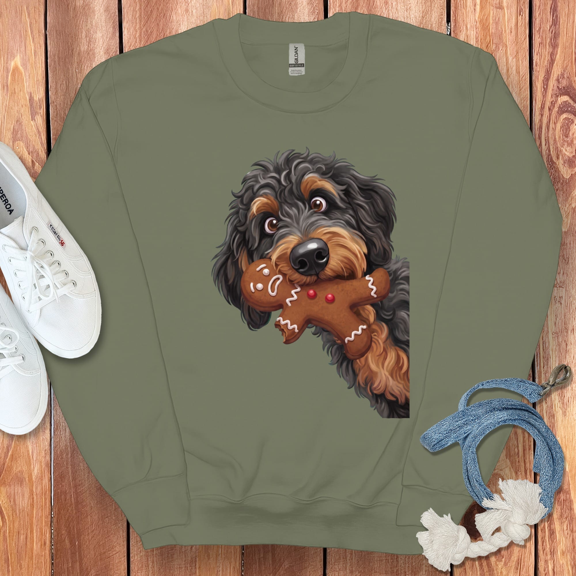 Phantom Goldendoodle Cookie Thief Sweatshirt in Military Green / S by Puppy Jo