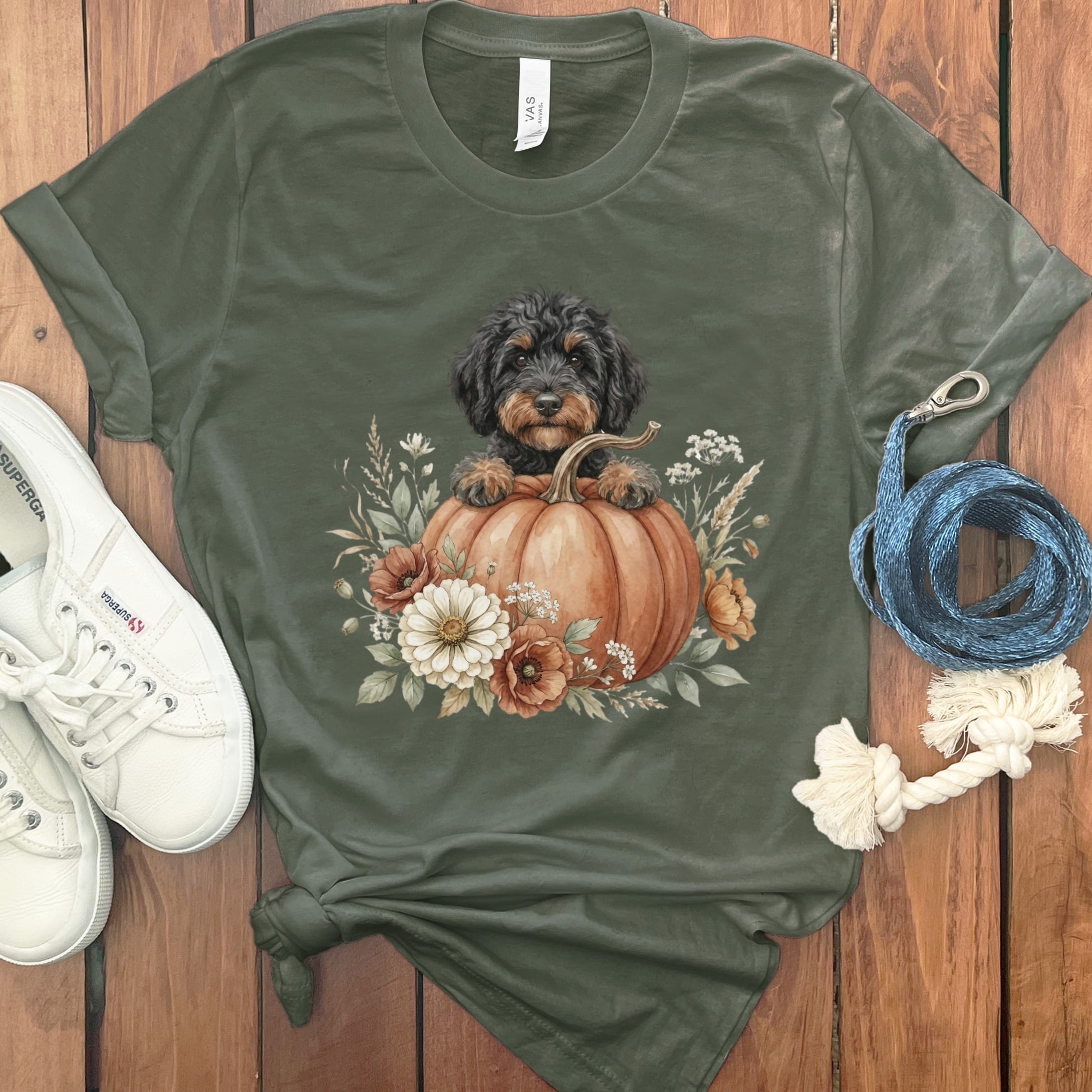 Phantom Goldendoodle Fall T-Shirt in Military Green / S by Puppy Jo