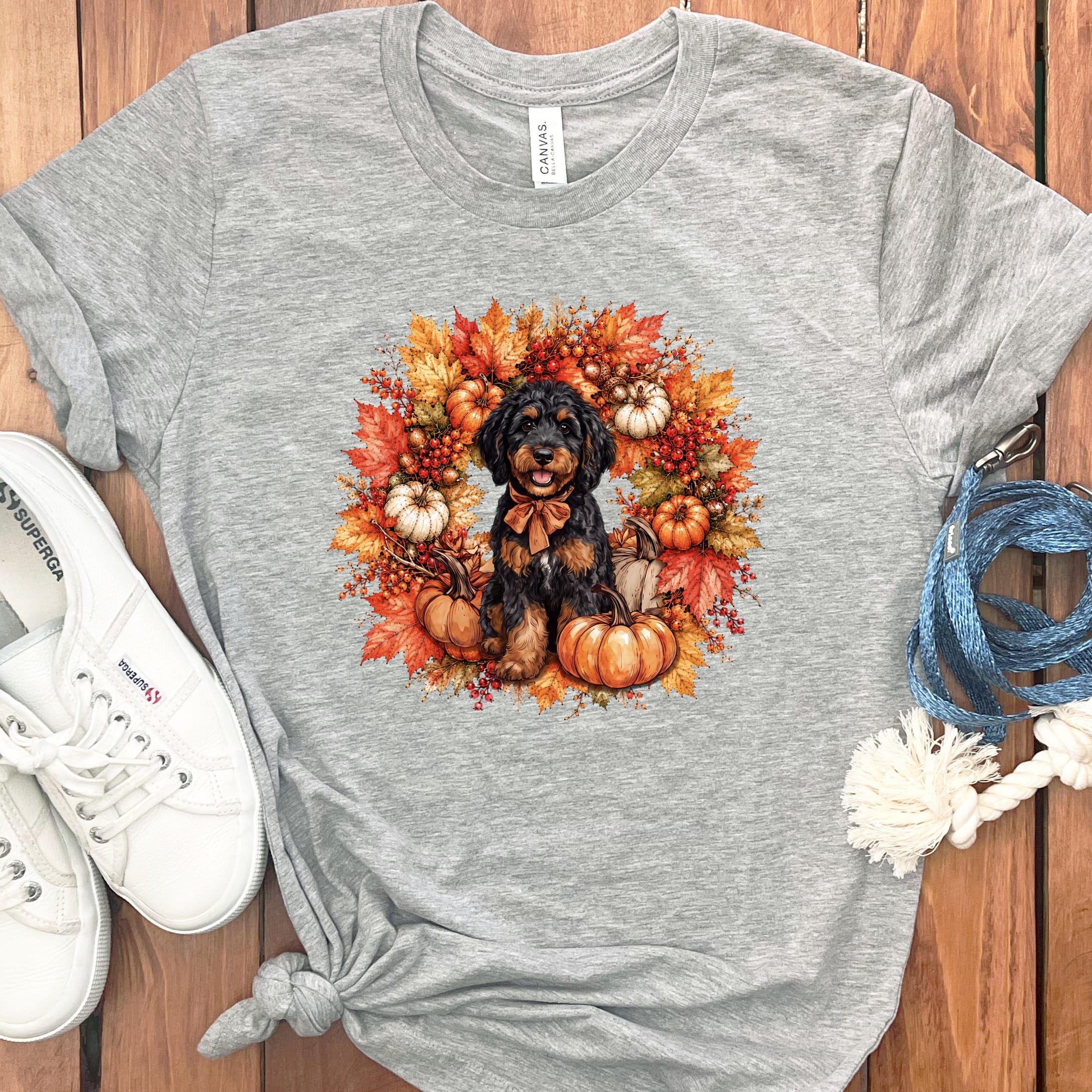 Phantom Goldendoodle Fall Wreath T-Shirt in Athletic Heather / S by Puppy Jo