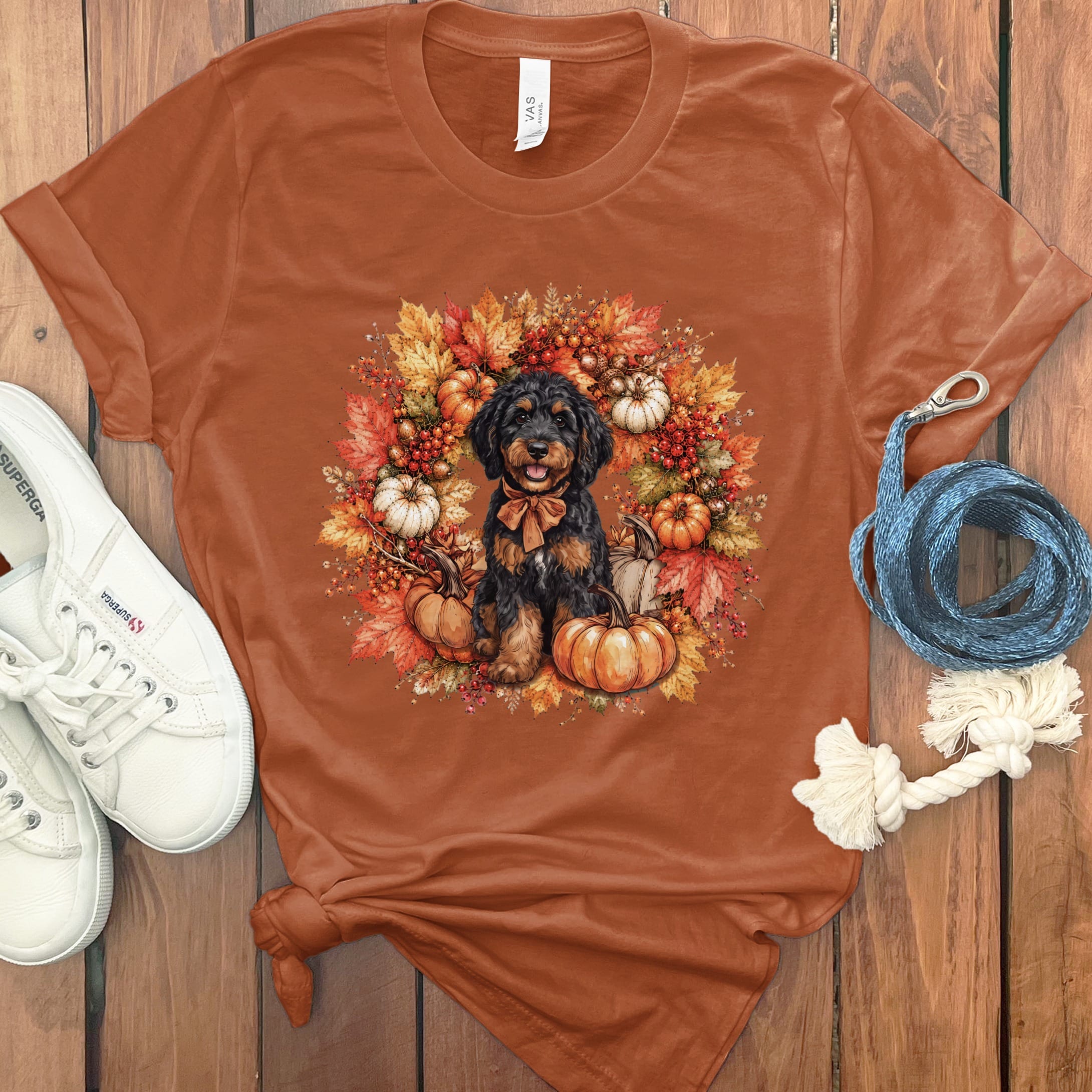 Phantom Goldendoodle Fall Wreath T-Shirt in Autumn / S by Puppy Jo