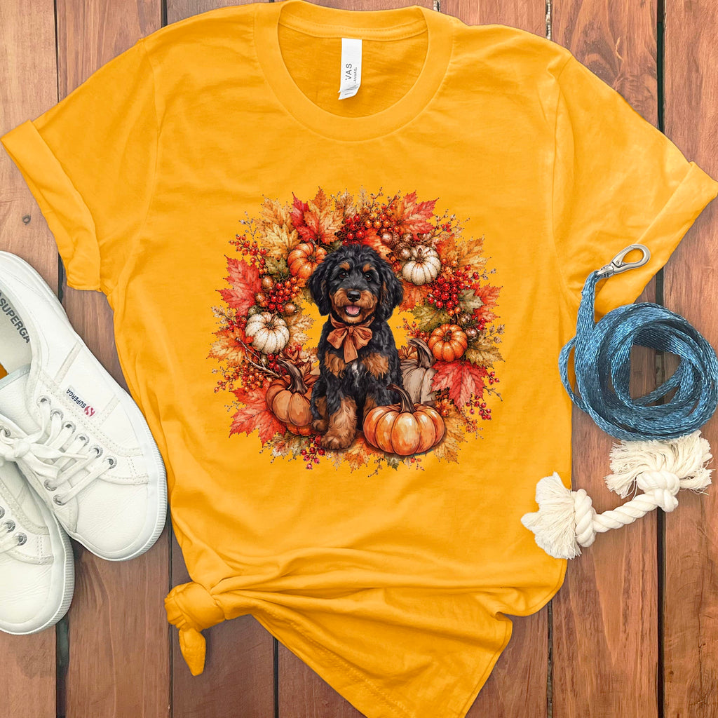 Phantom Goldendoodle Fall Wreath T-Shirt in Gold / S by Puppy Jo