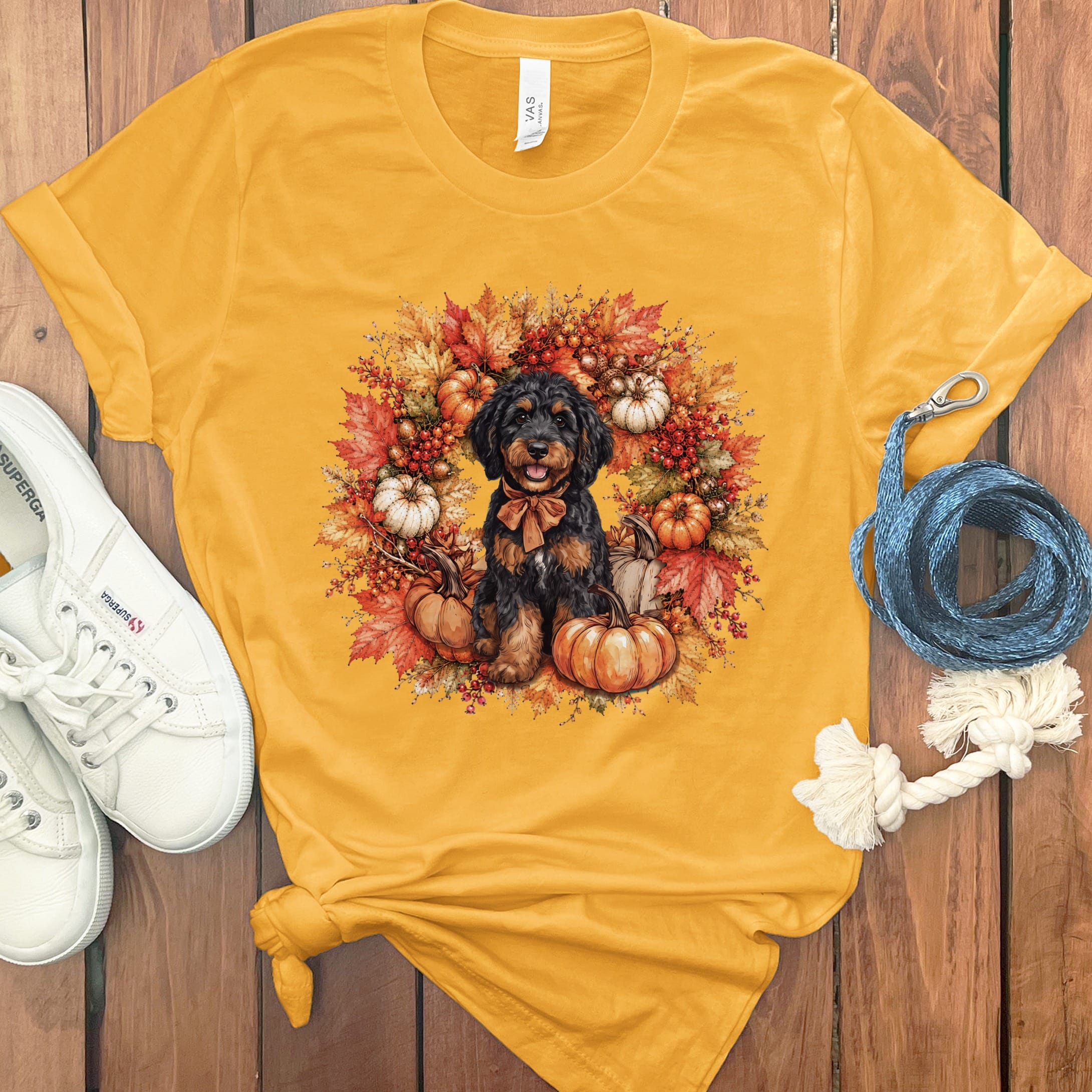 Phantom Goldendoodle Fall Wreath T-Shirt in Gold / S by Puppy Jo