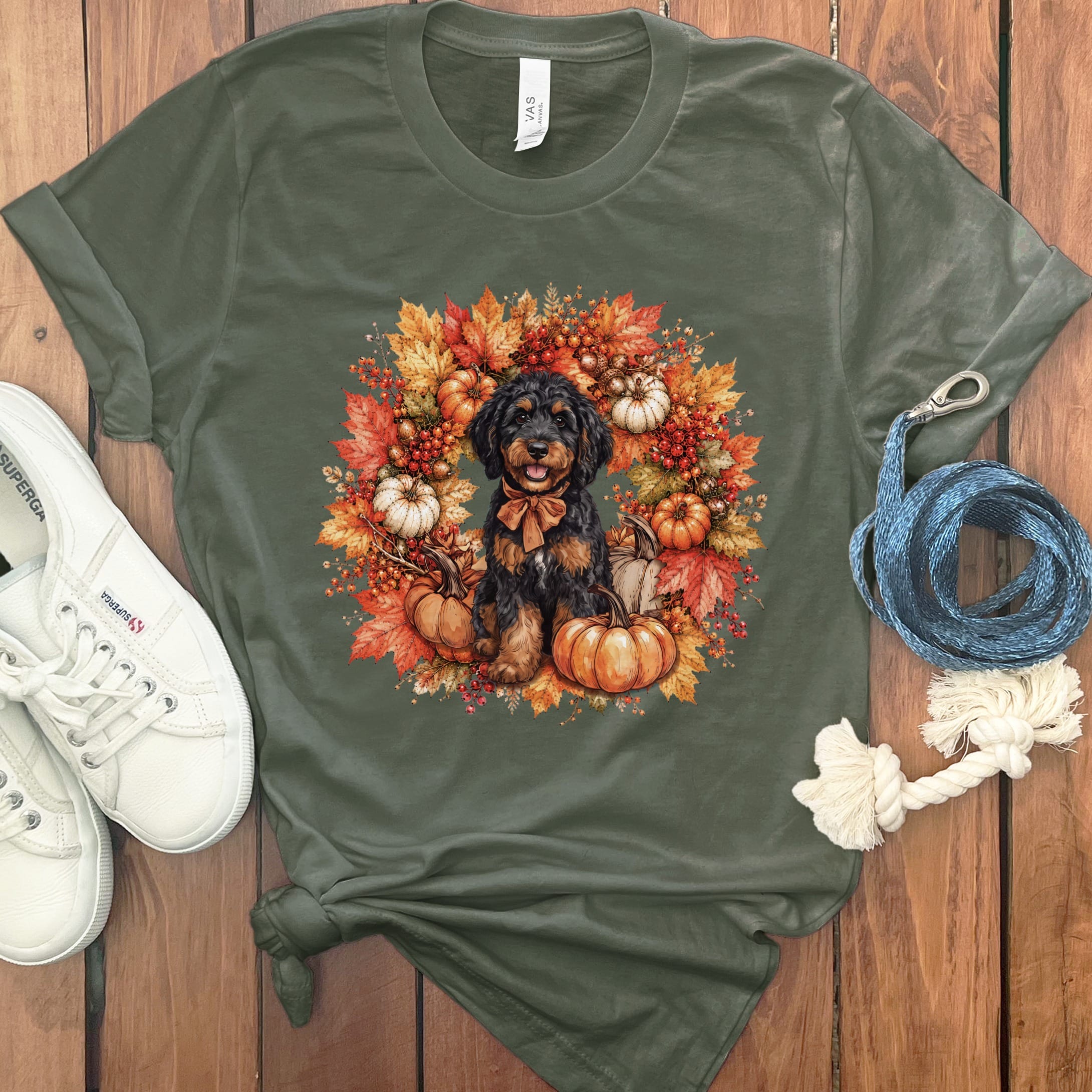Phantom Goldendoodle Fall Wreath T-Shirt in Military Green / S by Puppy Jo