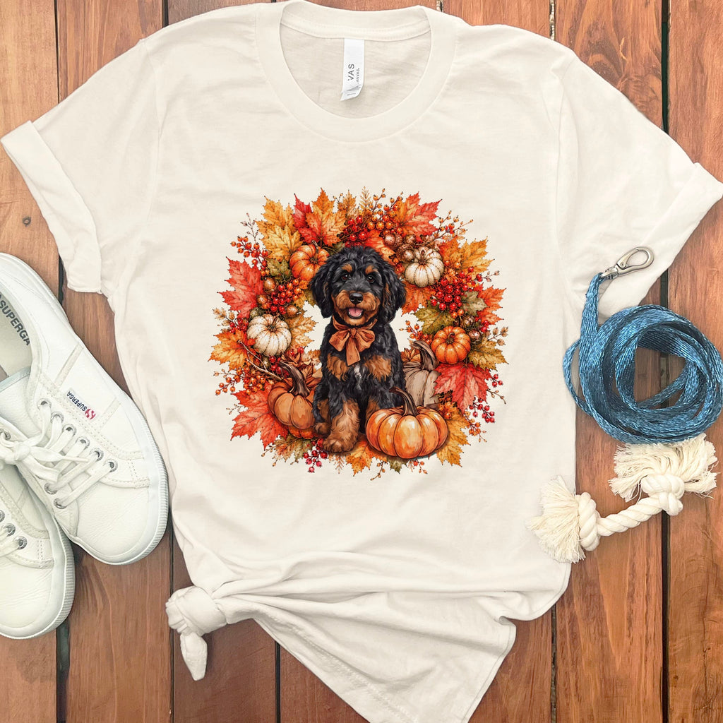 Phantom Goldendoodle Fall Wreath T-Shirt in Natural / S by Puppy Jo