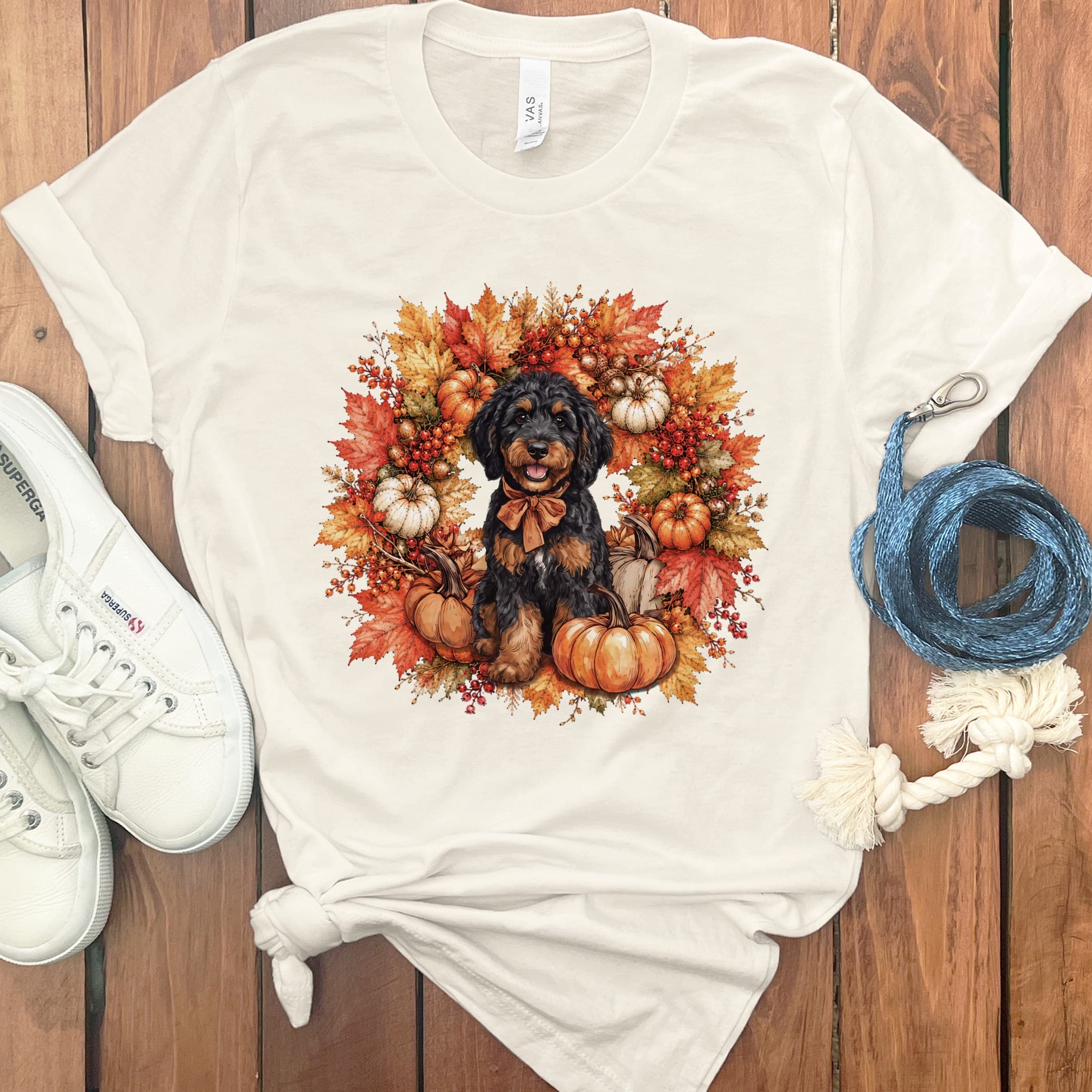 Phantom Goldendoodle Fall Wreath T-Shirt in Natural / S by Puppy Jo
