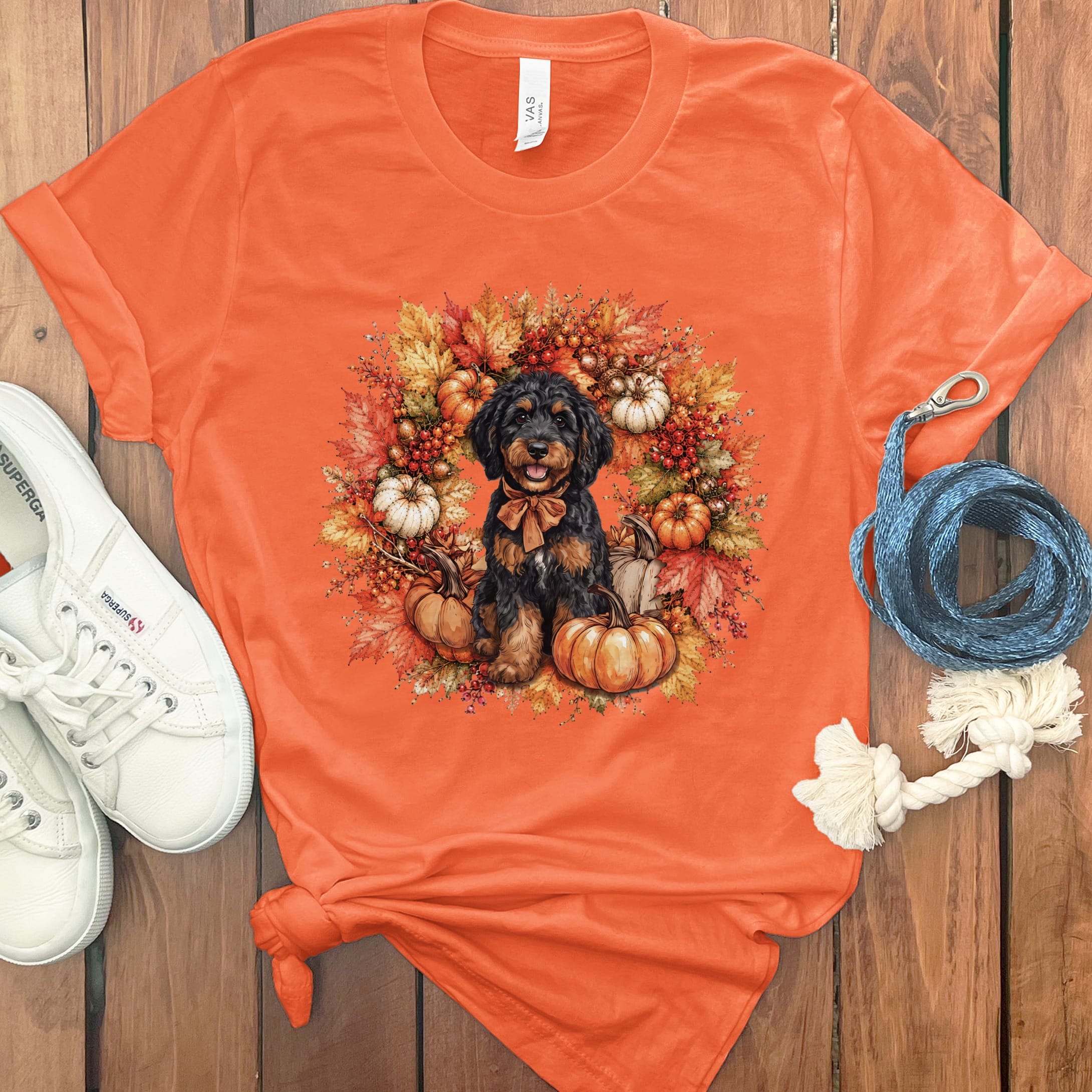 Phantom Goldendoodle Fall Wreath T-Shirt in Orange / S by Puppy Jo